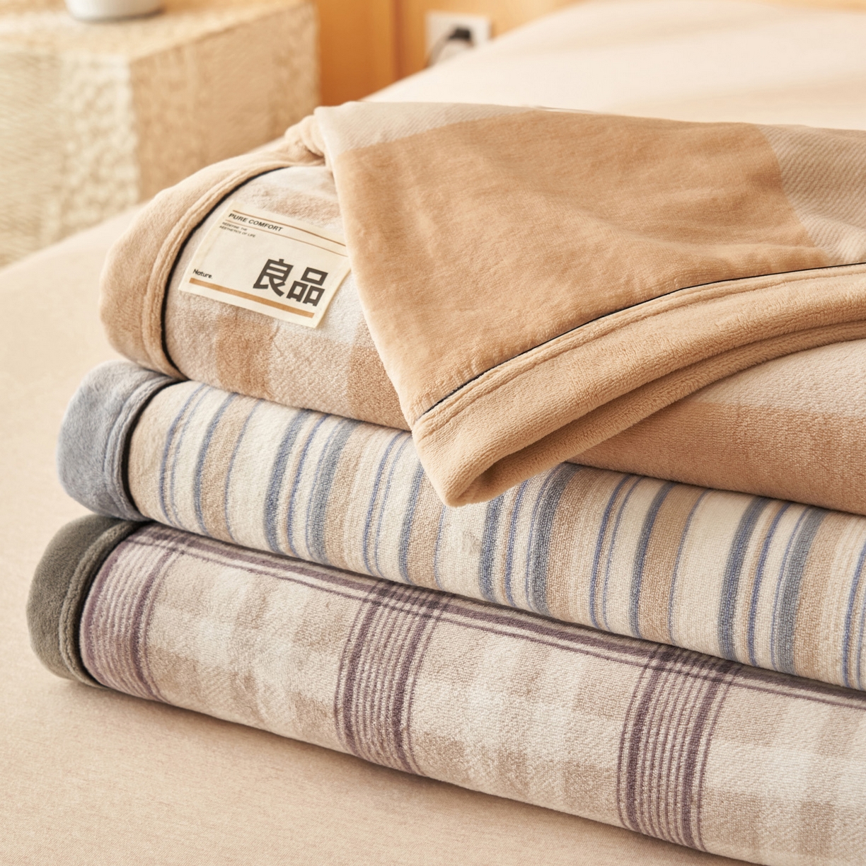 91家纺网 家纺一手货源 找家纺 寐绸家纺 2025新款230g无印风牛奶绒功能毯 组合主图