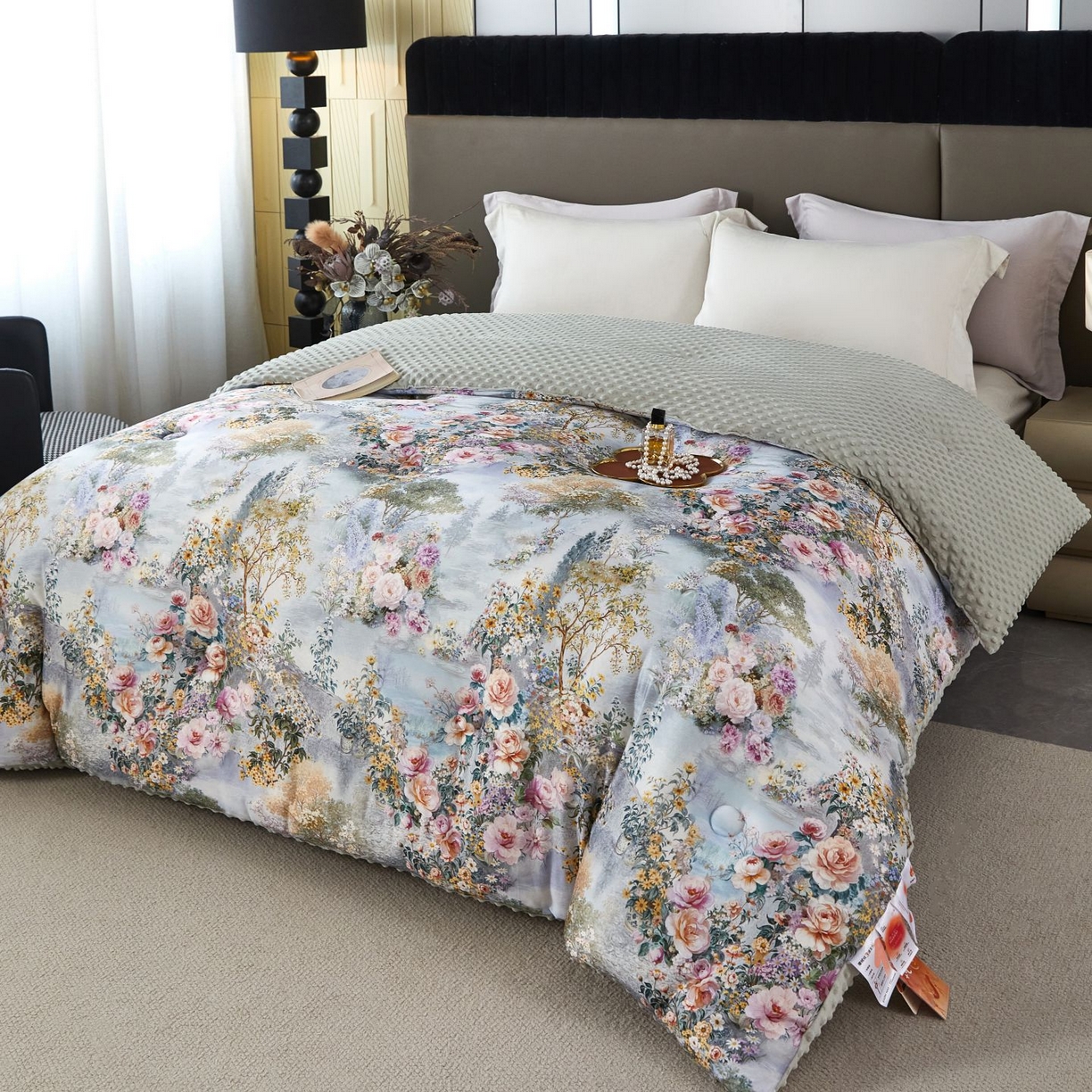 91家纺网 家纺一手货源 找家纺 缔锦家纺 2025新款虫草针织养肤豆豆被被子被芯 浮光枝恋-绿