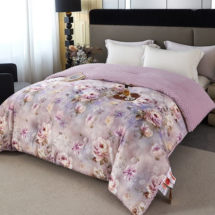 91家纺网 家纺一手货源 找家纺 缔锦家纺 2025新款虫草针织养肤豆豆被被子被芯 清醉-粉