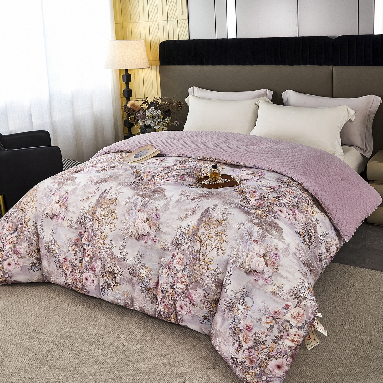 91家纺网 家纺一手货源 找家纺 缔锦家纺 2025新款虫草针织养肤豆豆被被子被芯 浮光枝恋