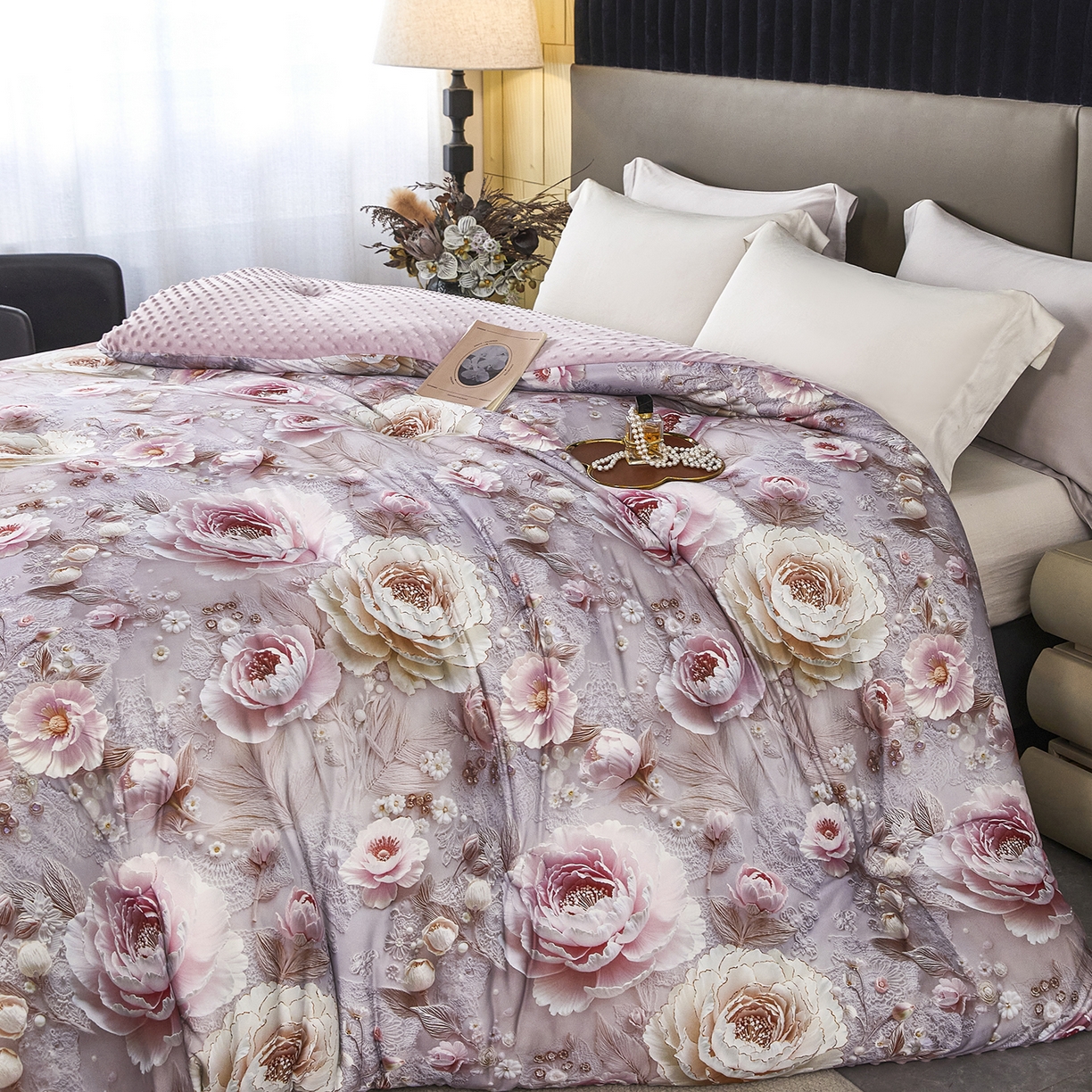 91家纺网 家纺一手货源 找家纺 缔锦家纺 2025新款虫草针织养肤豆豆被被子被芯 紫甜香缇