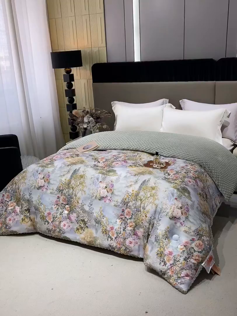 91家纺网 家纺一手货源 找家纺 缔锦家纺 2025新款虫草针织养肤豆豆被被子被芯 浮光枝恋-绿