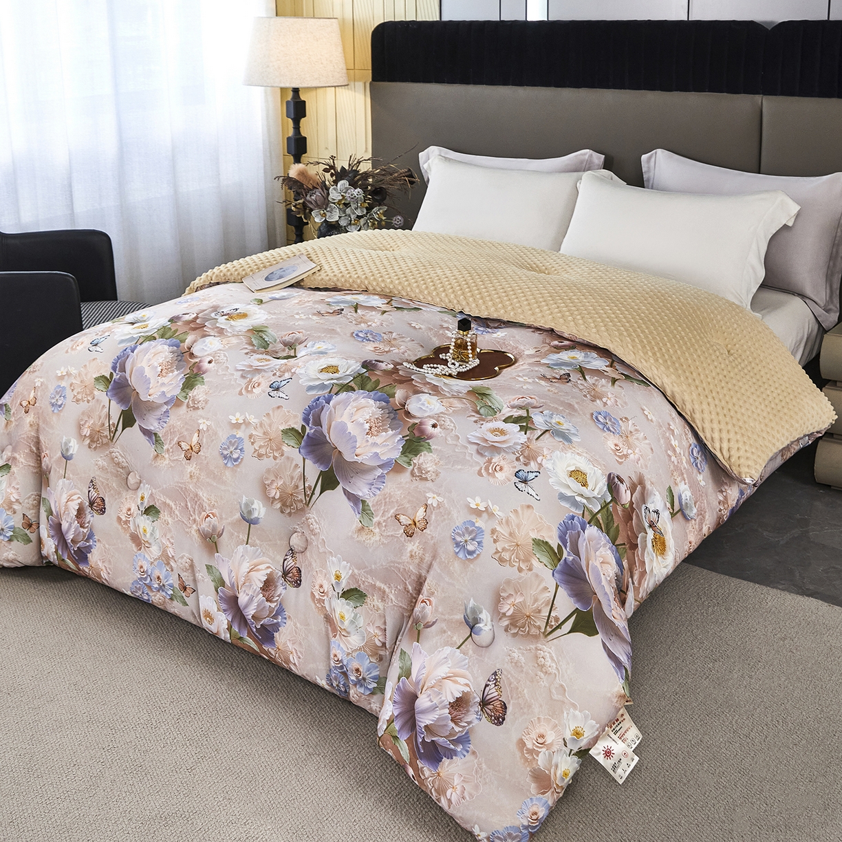 91家纺网 家纺一手货源 找家纺 缔锦家纺 2025新款虫草针织养肤豆豆被被子被芯 午后茶绘