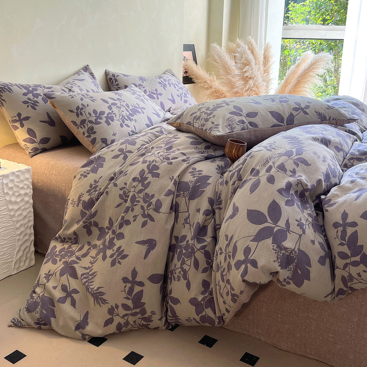 91家纺网 家纺一手货源 找家纺 灿哈家纺 2025新款复古风仿麻四件套 紫叶倾城