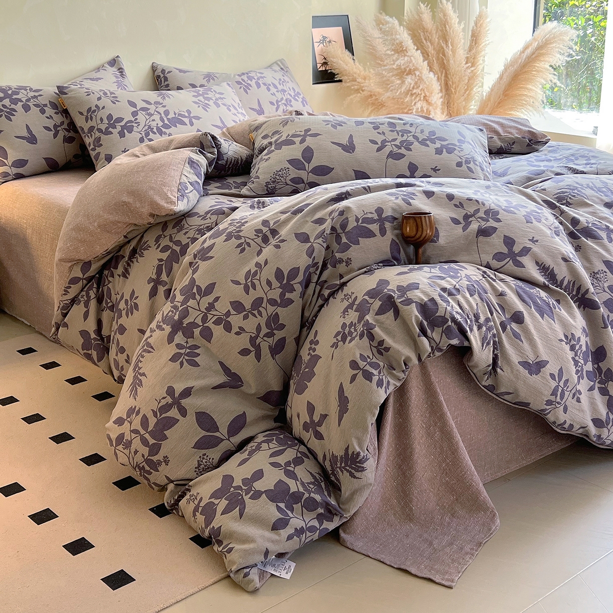 91家纺网 家纺一手货源 找家纺 灿哈家纺 2025新款复古风仿麻四件套 紫叶倾城