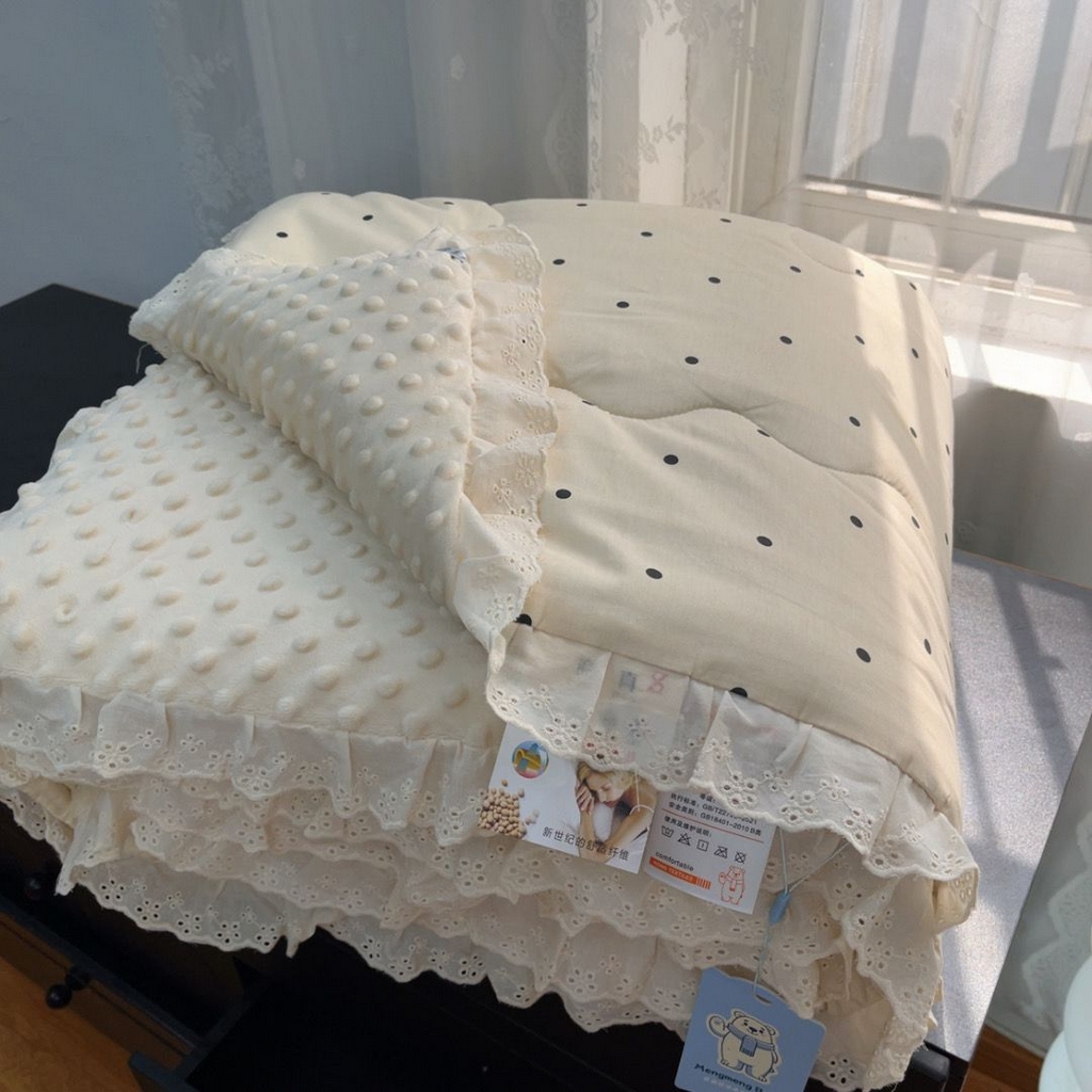 91家纺网 家纺一手货源 找家纺 暖居 2025新款纯棉豆豆被四件套5.7斤春秋被7.1斤冬被+同款砂洗棉花床盖三件套 奶油点点