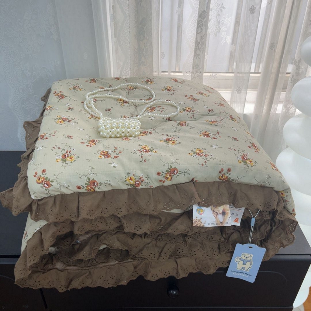 暖居 2025新款纯棉豆豆被四件套5.7斤春秋被7.1斤冬被+同款砂洗棉花床盖三件套 摩卡