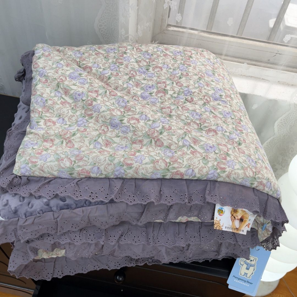 91家纺网 家纺一手货源 找家纺 暖居 2025新款纯棉豆豆被四件套5.7斤春秋被7.1斤冬被+同款砂洗棉花床盖三件套 紫郁