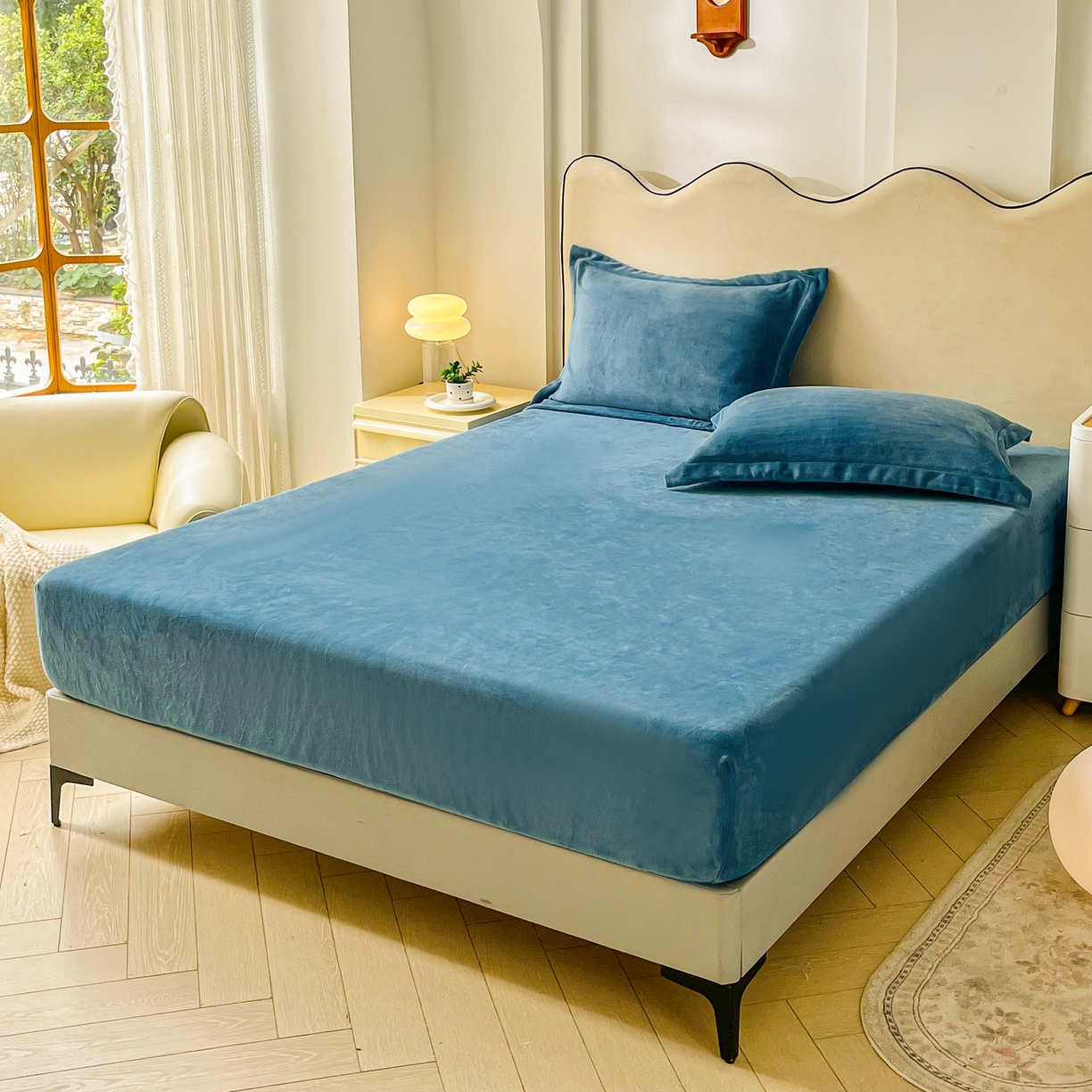 91家纺网 家纺一手货源 找家纺 恬澳家纺 2025新款200g高克重牛奶绒床笠单品床笠单件单床笠 暖阳-宝石蓝