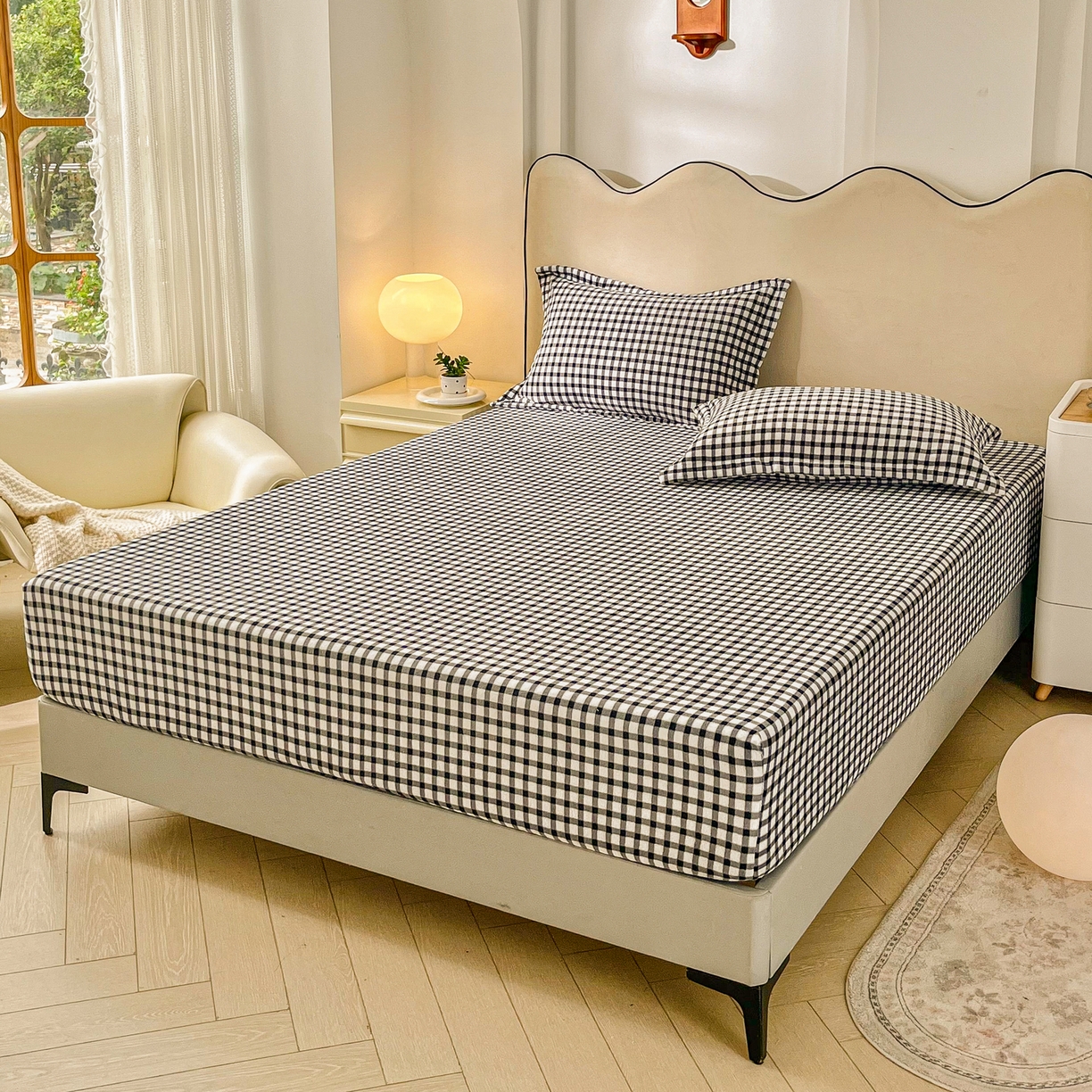 91家纺网 家纺一手货源 找家纺 恬澳家纺 2025新款200g高克重牛奶绒床笠单品床笠单件单床笠 暖阳-黑白格