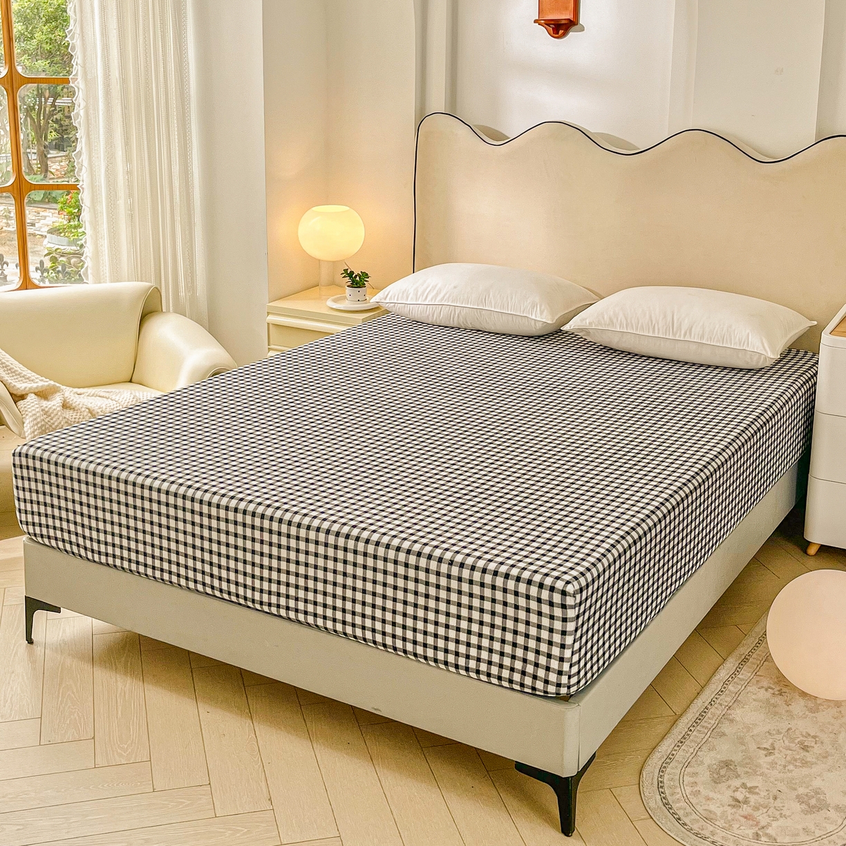 91家纺网 家纺一手货源 找家纺 恬澳家纺 2025新款200g高克重牛奶绒床笠单品床笠单件单床笠 暖阳-黑白格