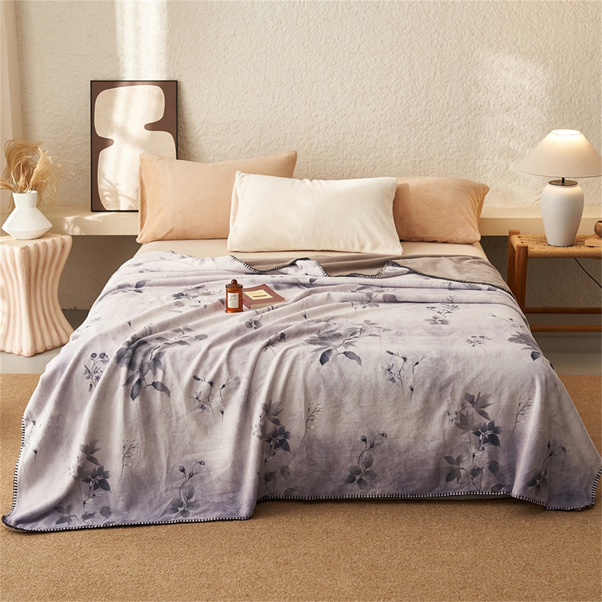 91家纺网 家纺一手货源 找家纺 寐绸家纺 2025新款棉麻风数码印花牛奶绒毛毯 棉麻风毛毯-墨蓝