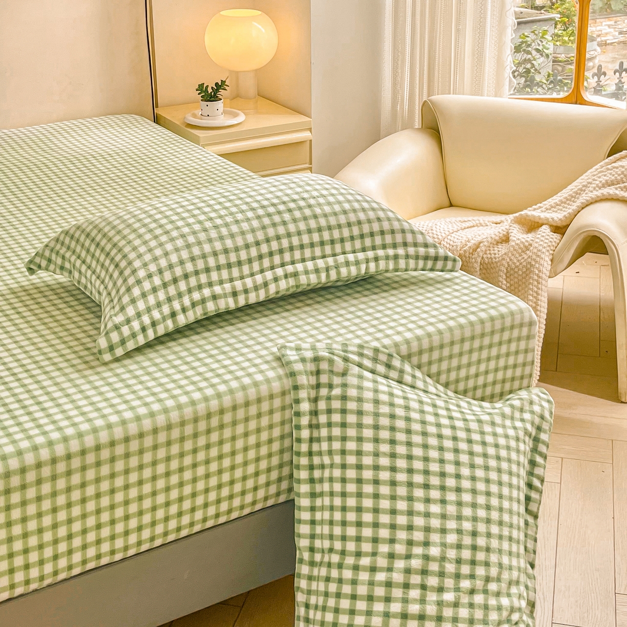 91家纺网 家纺一手货源 找家纺 恬澳家纺 2025新款200g高克重牛奶绒床笠单品床笠单件单床笠 暖阳-抹茶格