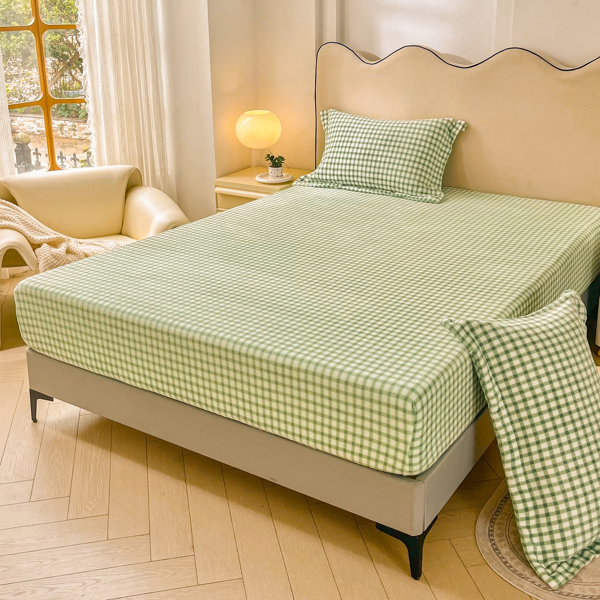 91家纺网 家纺一手货源 找家纺 恬澳家纺 2025新款200g高克重牛奶绒床笠单品床笠单件单床笠 暖阳-抹茶格