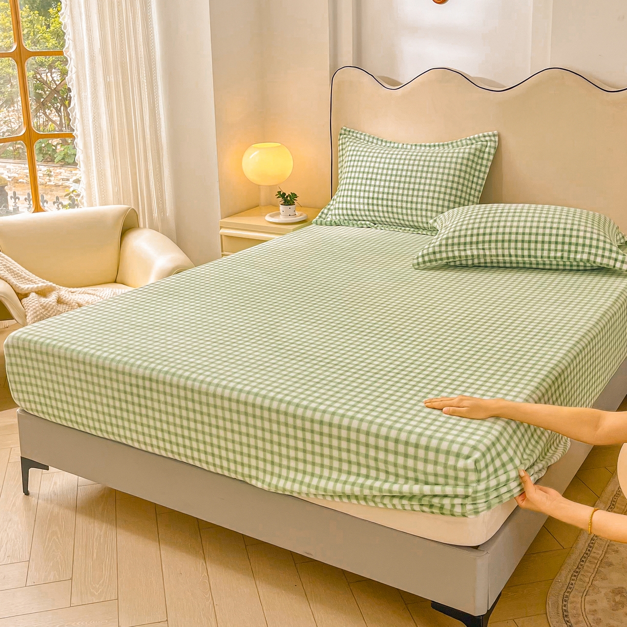 91家纺网 家纺一手货源 找家纺 恬澳家纺 2025新款200g高克重牛奶绒床笠单品床笠单件单床笠 暖阳-抹茶格