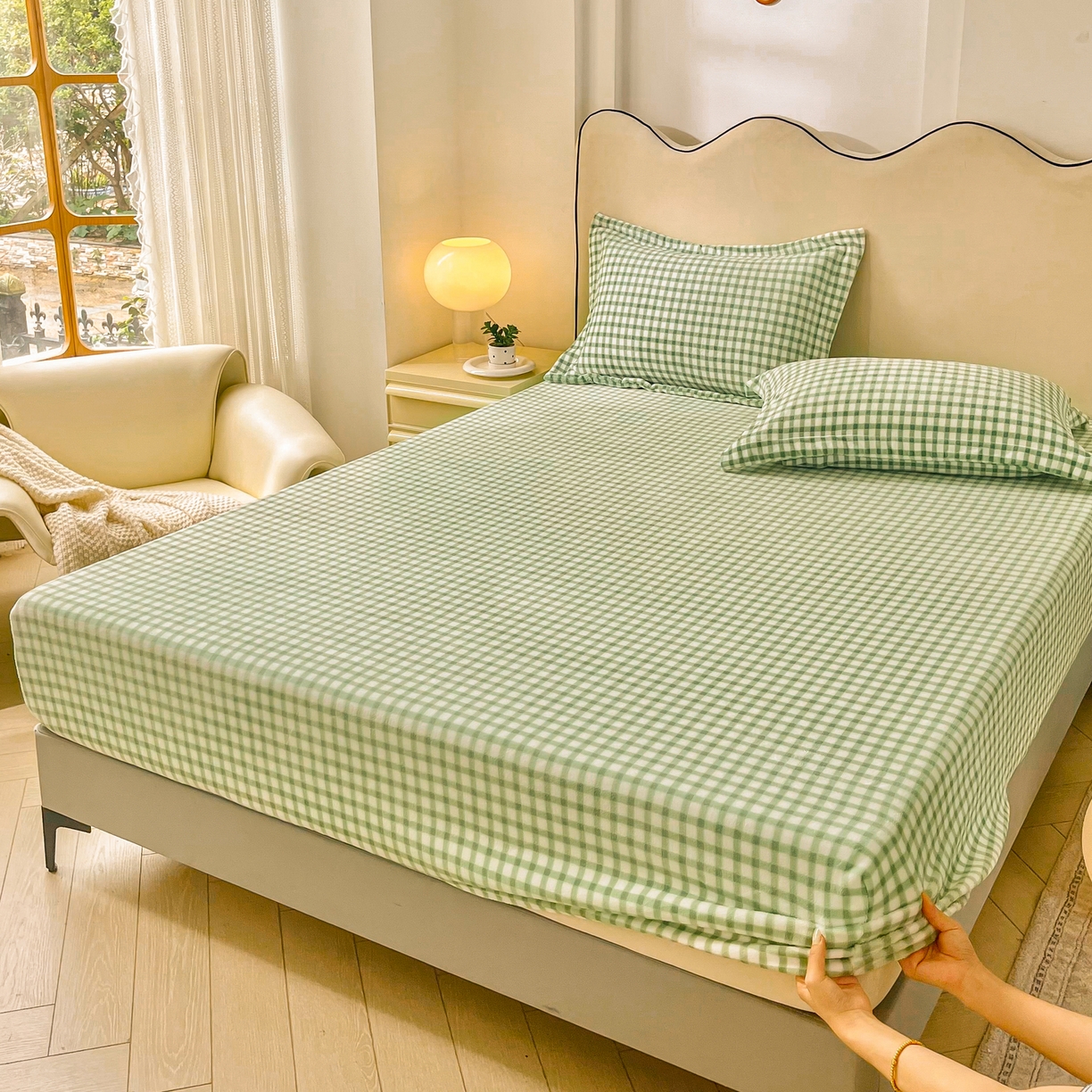 91家纺网 家纺一手货源 找家纺 恬澳家纺 2025新款200g高克重牛奶绒床笠单品床笠单件单床笠 暖阳-抹茶格