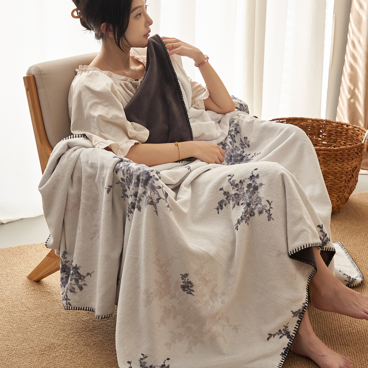 寐绸家纺 2025新款棉麻风数码印花牛奶绒毛毯 棉麻风毛毯-束放