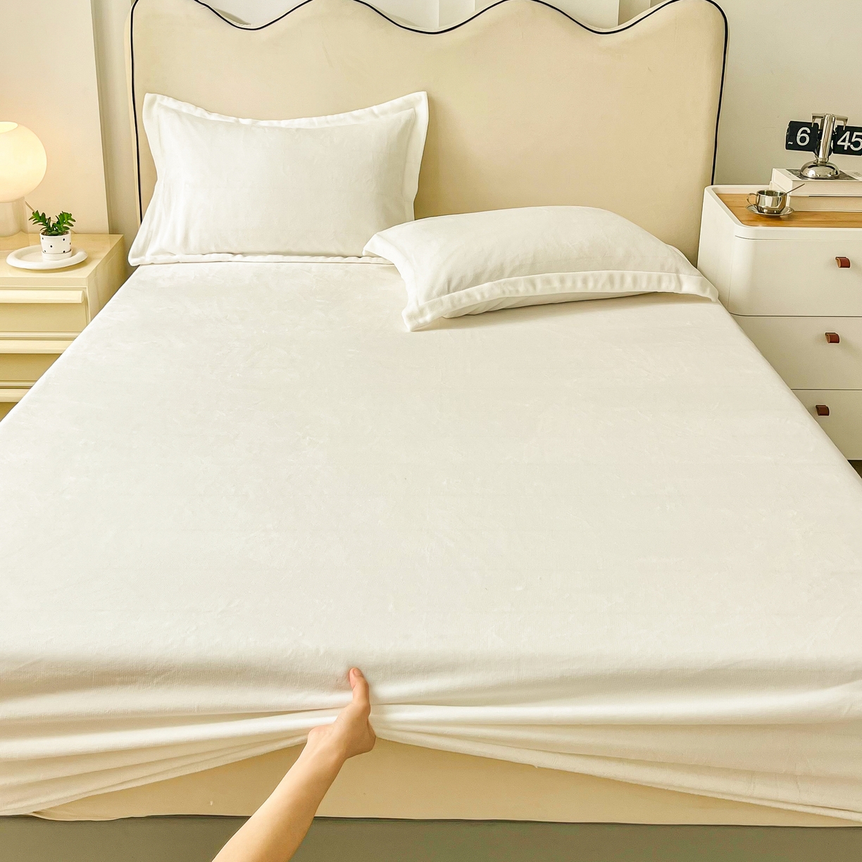 91家纺网 家纺一手货源 找家纺 恬澳家纺 2025新款200g高克重牛奶绒床笠单品床笠单件单床笠 暖阳-奶油白