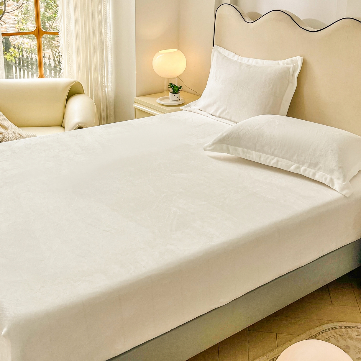 91家纺网 家纺一手货源 找家纺 恬澳家纺 2025新款200g高克重牛奶绒床笠单品床笠单件单床笠 暖阳-奶油白