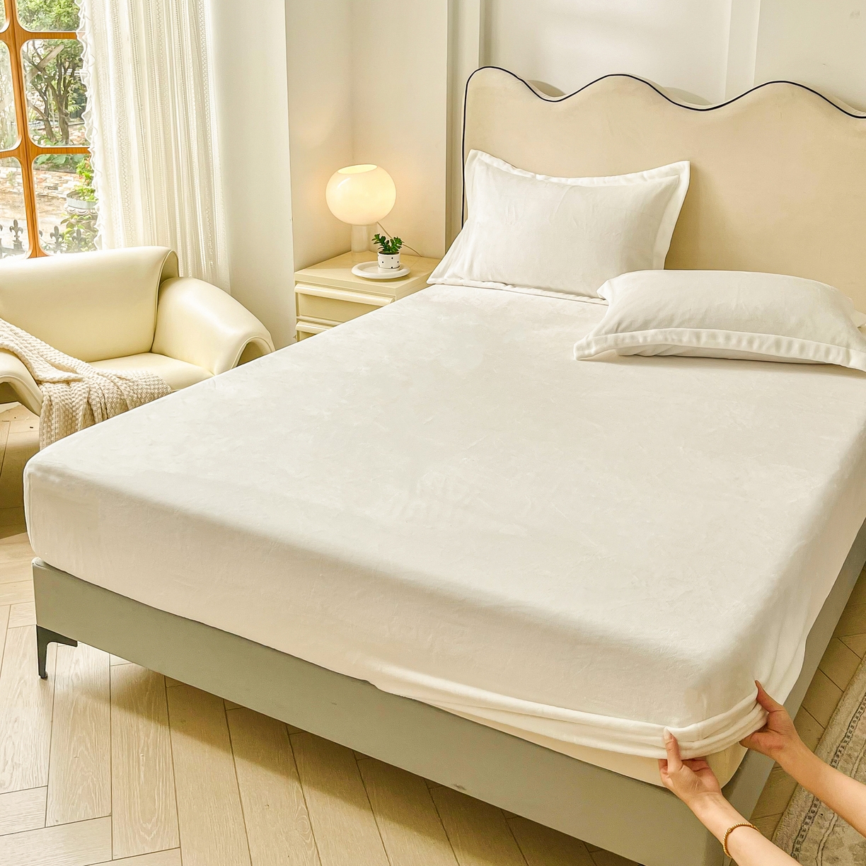 91家纺网 家纺一手货源 找家纺 恬澳家纺 2025新款200g高克重牛奶绒床笠单品床笠单件单床笠 暖阳-奶油白