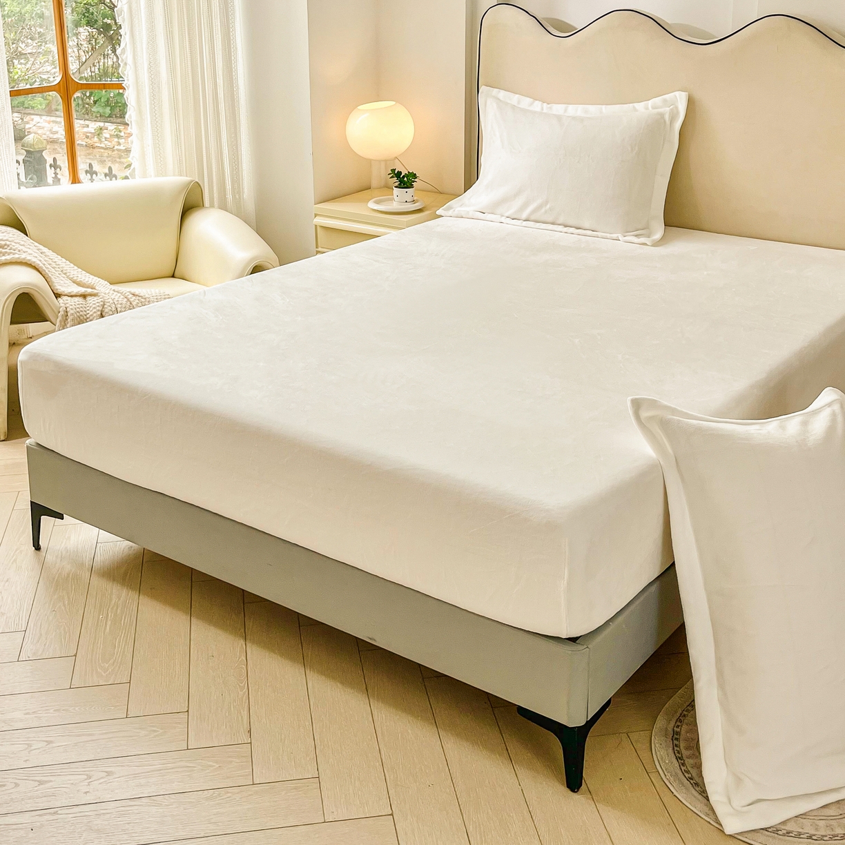 91家纺网 家纺一手货源 找家纺 恬澳家纺 2025新款200g高克重牛奶绒床笠单品床笠单件单床笠 暖阳-奶油白