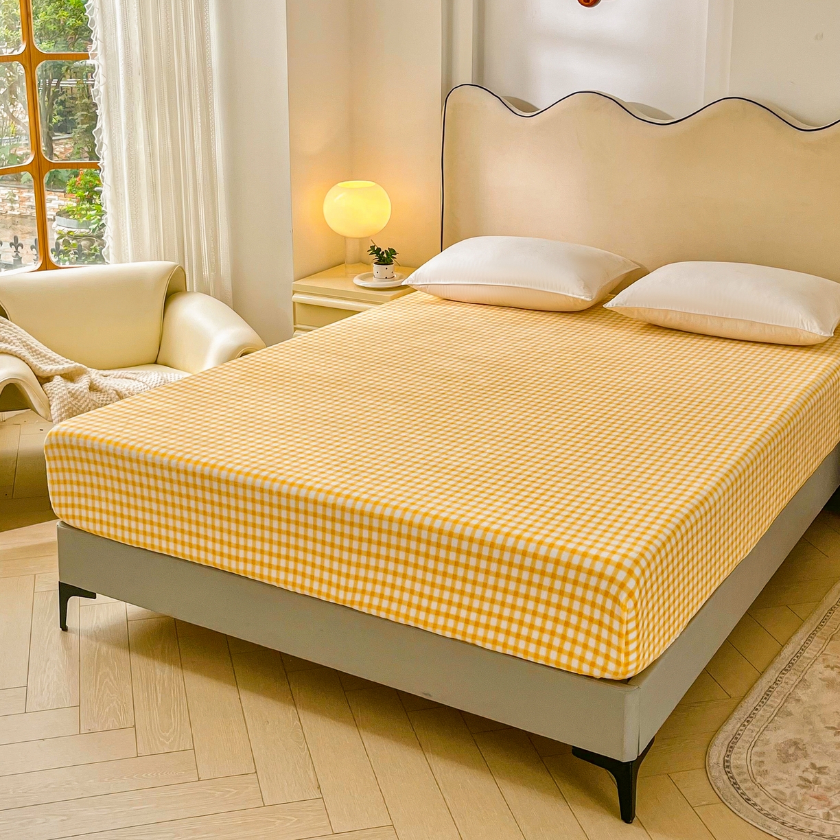 91家纺网 家纺一手货源 找家纺 恬澳家纺 2025新款200g高克重牛奶绒床笠单品床笠单件单床笠 暖阳-柠檬格