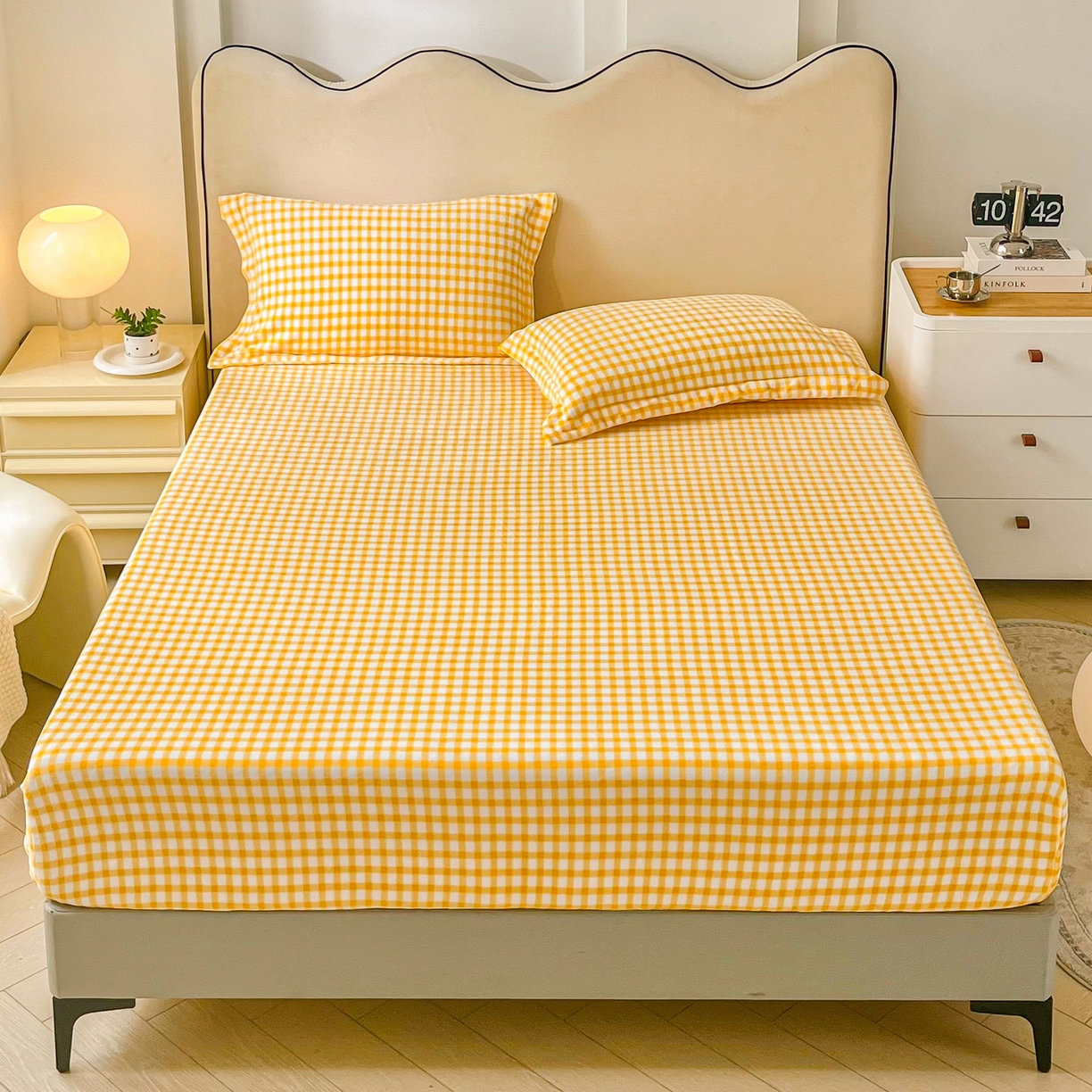 91家纺网 家纺一手货源 找家纺 恬澳家纺 2025新款200g高克重牛奶绒床笠单品床笠单件单床笠 暖阳-柠檬格