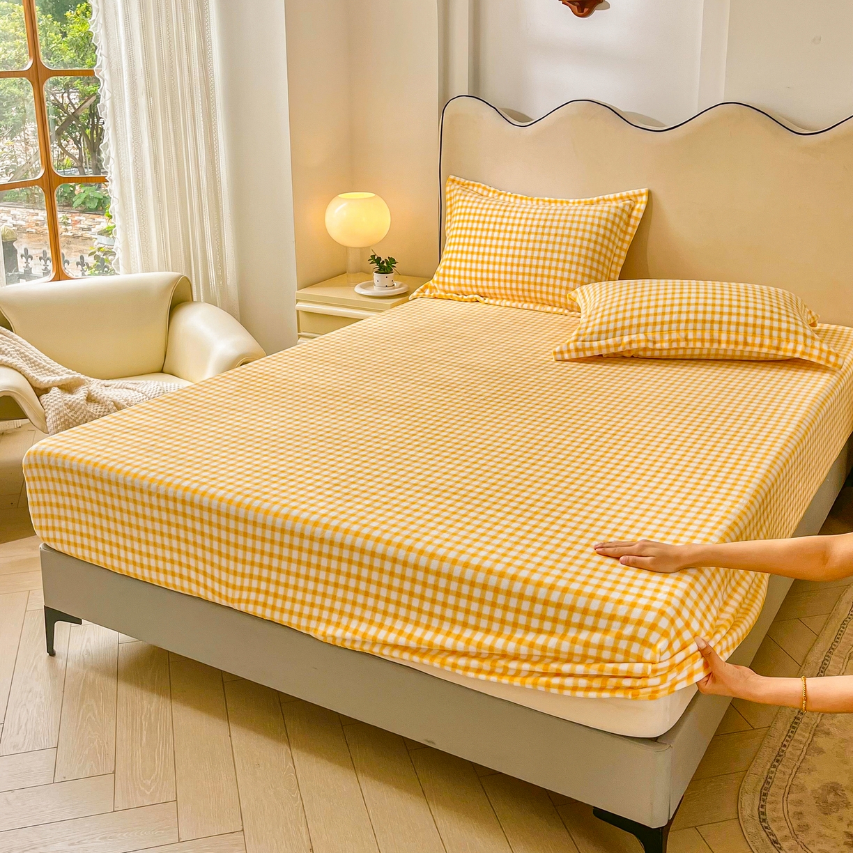 91家纺网 家纺一手货源 找家纺 恬澳家纺 2025新款200g高克重牛奶绒床笠单品床笠单件单床笠 暖阳-柠檬格