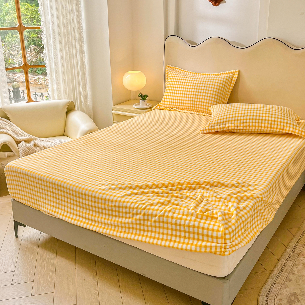 91家纺网 家纺一手货源 找家纺 恬澳家纺 2025新款200g高克重牛奶绒床笠单品床笠单件单床笠 暖阳-柠檬格