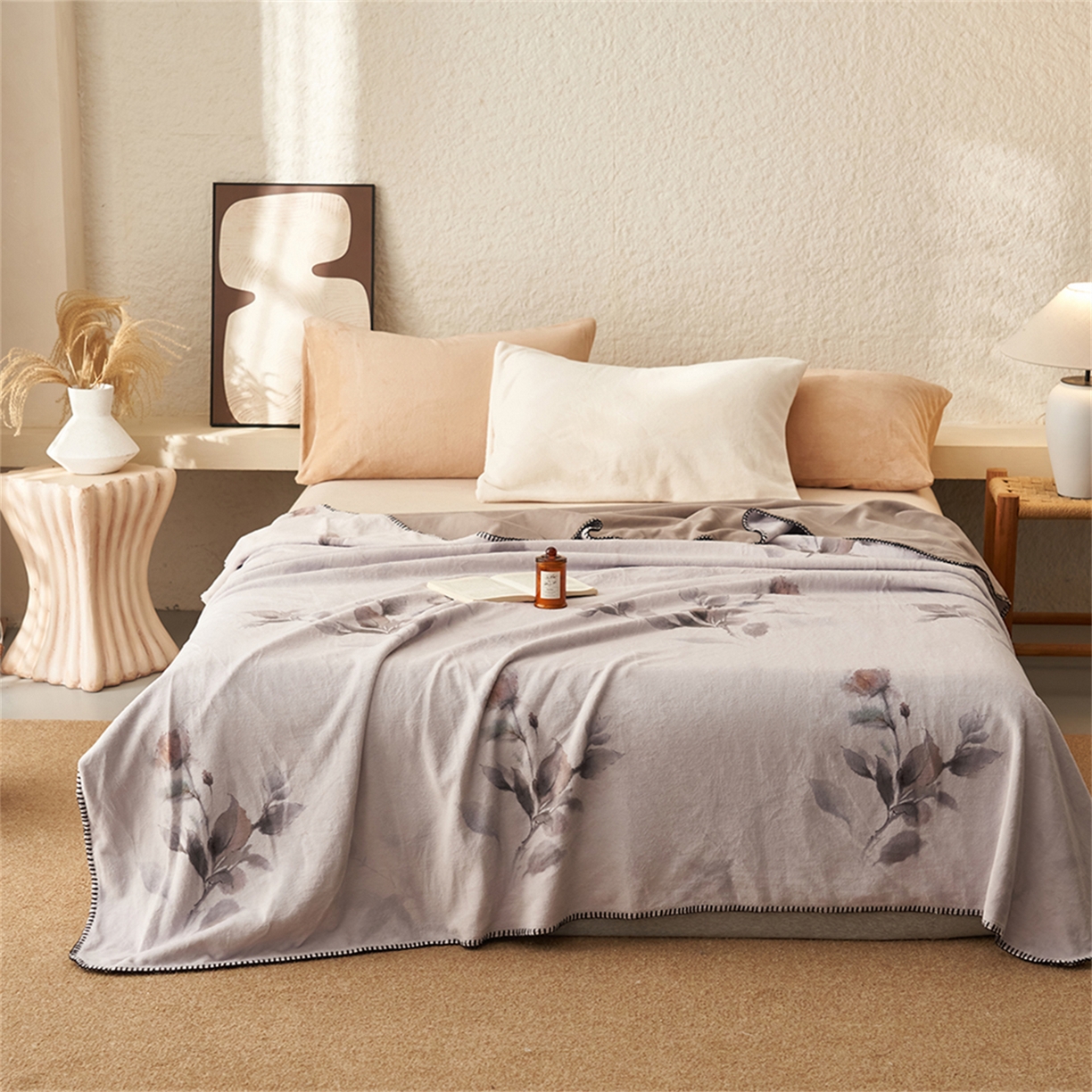 91家纺网 家纺一手货源 找家纺 寐绸家纺 2025新款棉麻风数码印花牛奶绒毛毯 棉麻风毛毯-雅梦