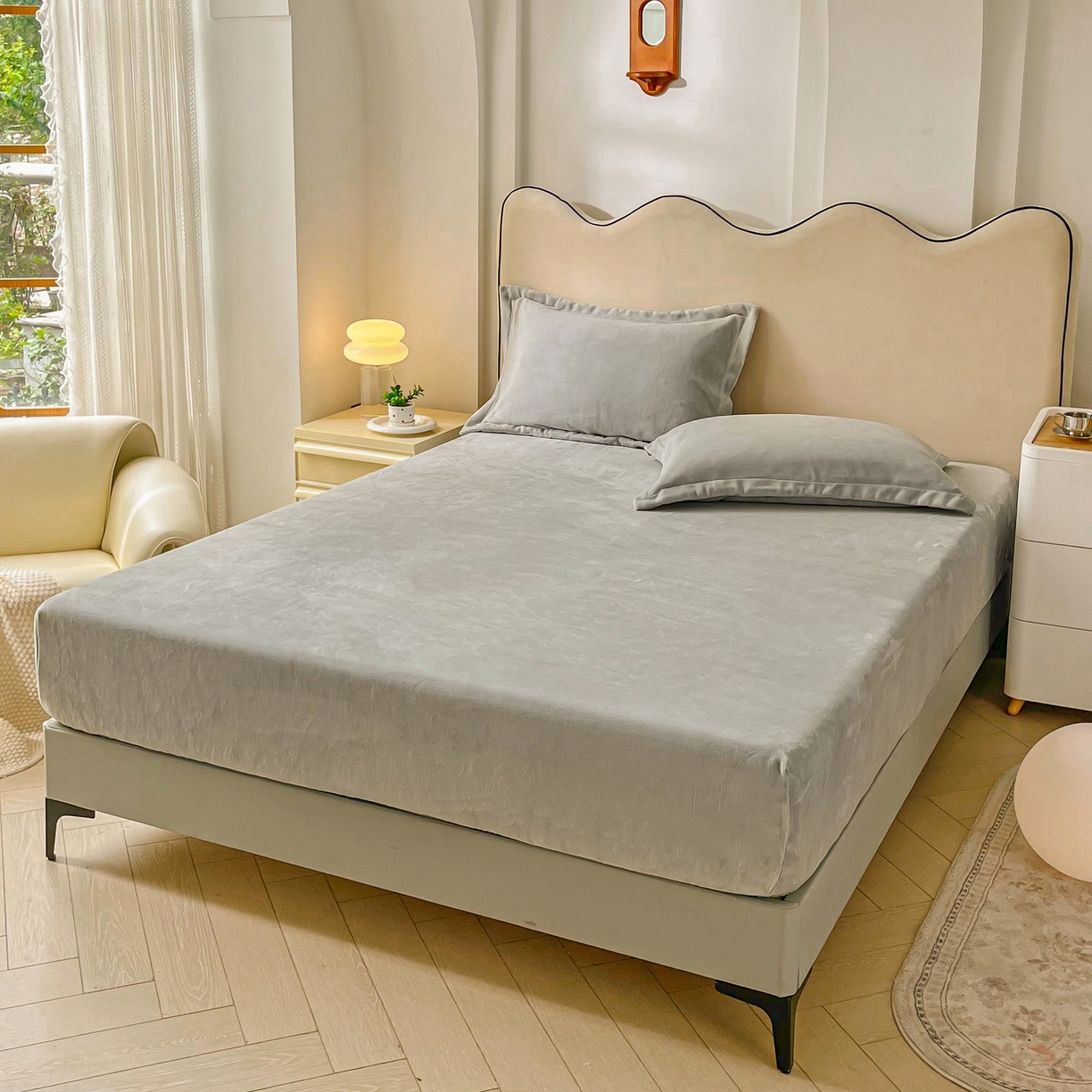 91家纺网 家纺一手货源 找家纺 恬澳家纺 2025新款200g高克重牛奶绒床笠单品床笠单件单床笠 暖阳-浅灰