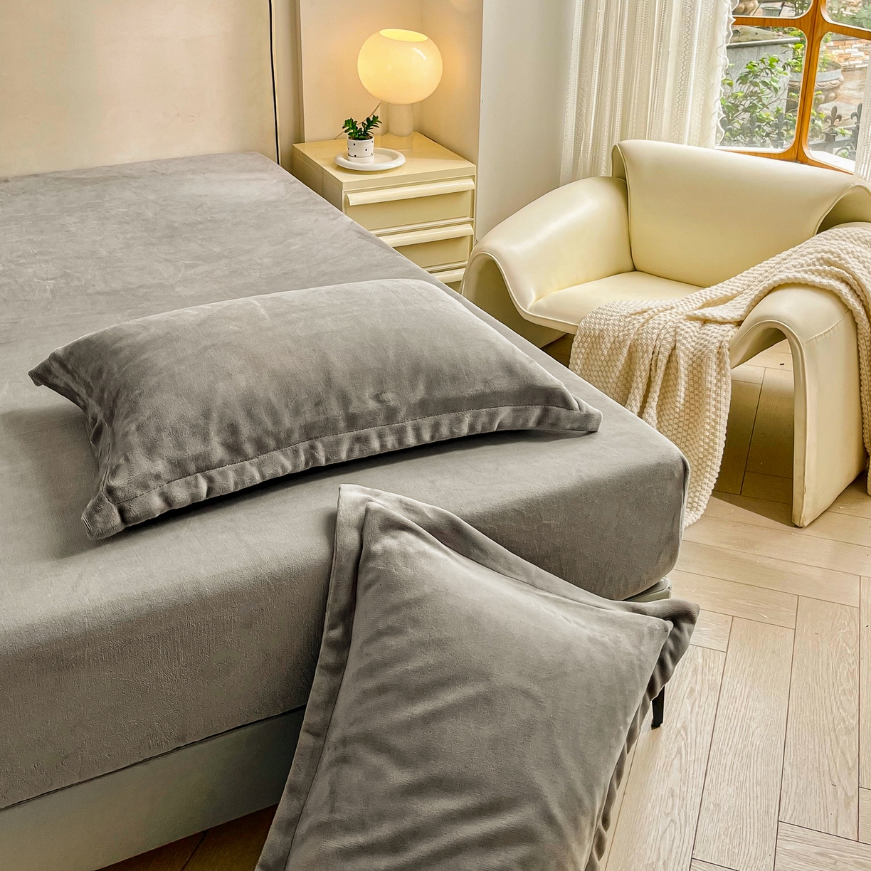 91家纺网 家纺一手货源 找家纺 恬澳家纺 2025新款200g高克重牛奶绒床笠单品床笠单件单床笠 暖阳-深灰