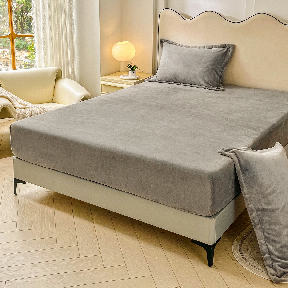 91家纺网 家纺一手货源 找家纺 恬澳家纺 2025新款200g高克重牛奶绒床笠单品床笠单件单床笠 暖阳-深灰