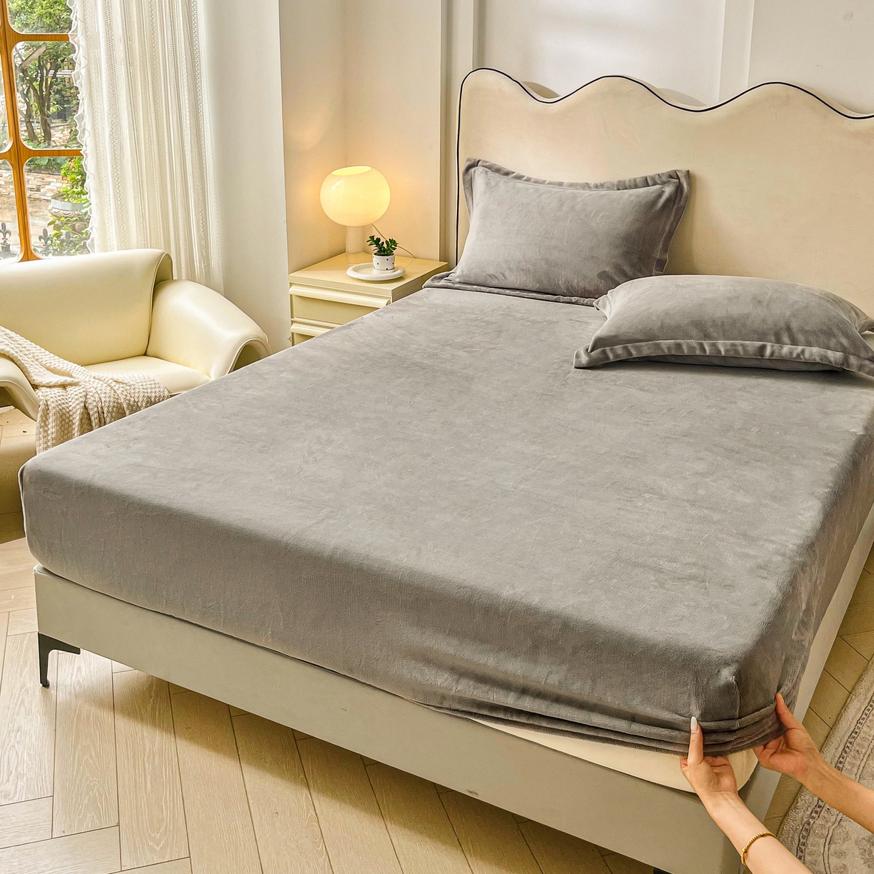 91家纺网 家纺一手货源 找家纺 恬澳家纺 2025新款200g高克重牛奶绒床笠单品床笠单件单床笠 暖阳-深灰