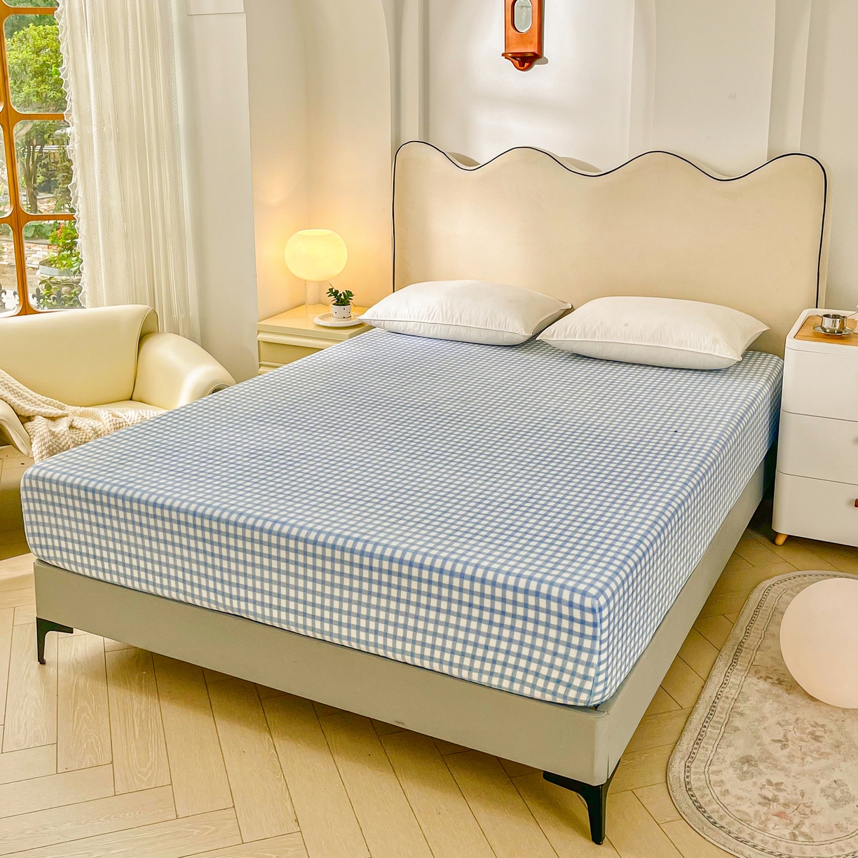 91家纺网 家纺一手货源 找家纺 恬澳家纺 2025新款200g高克重牛奶绒床笠单品床笠单件单床笠 暖阳-天蓝格