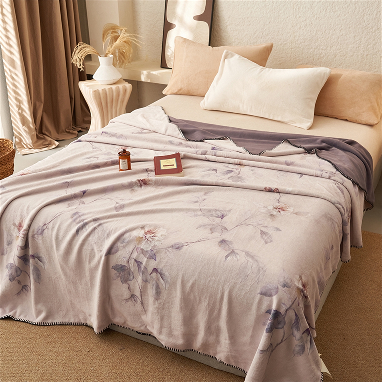 91家纺网 家纺一手货源 找家纺 寐绸家纺 2025新款棉麻风数码印花牛奶绒毛毯 棉麻风毛毯-紫光