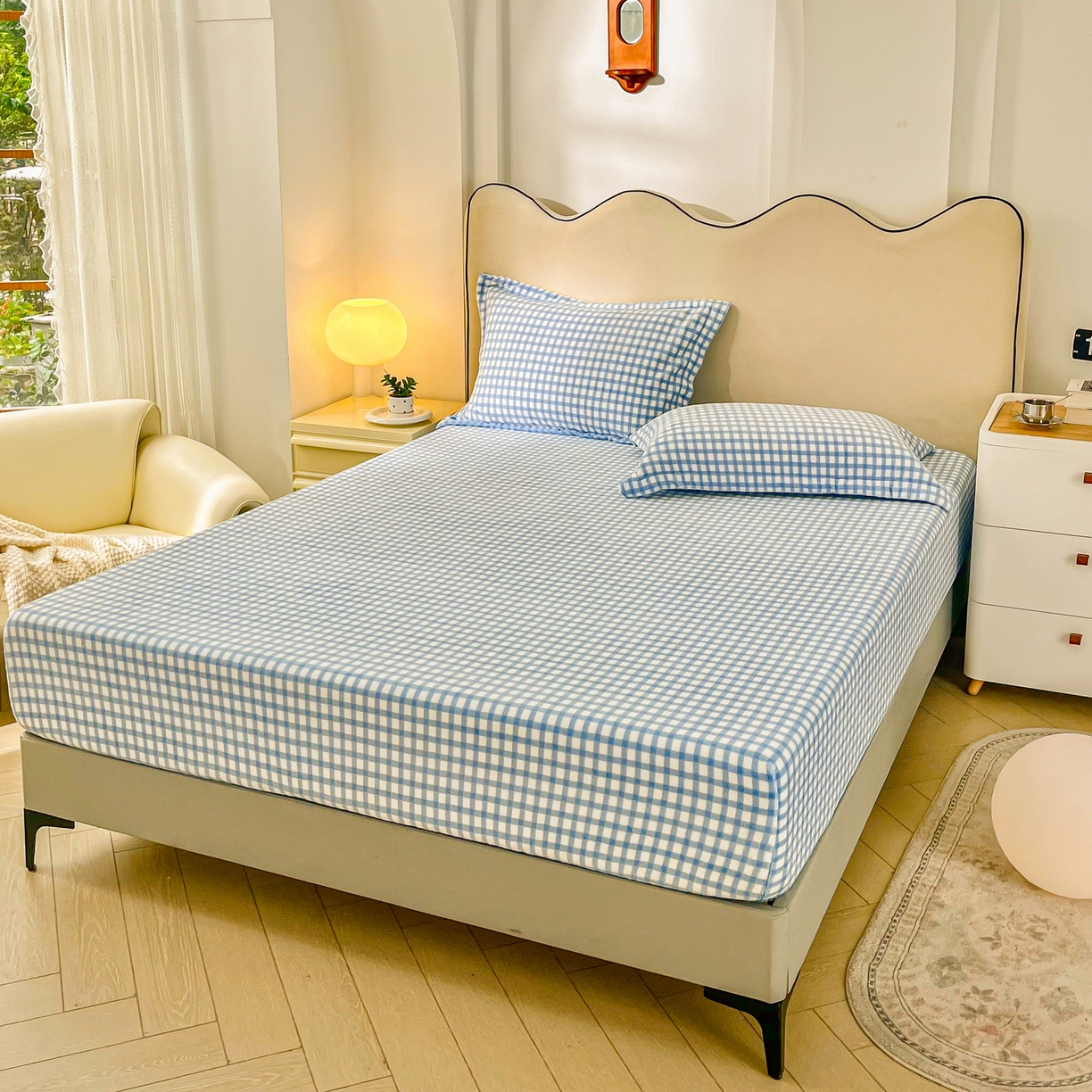 91家纺网 家纺一手货源 找家纺 恬澳家纺 2025新款200g高克重牛奶绒床笠单品床笠单件单床笠 暖阳-天蓝格