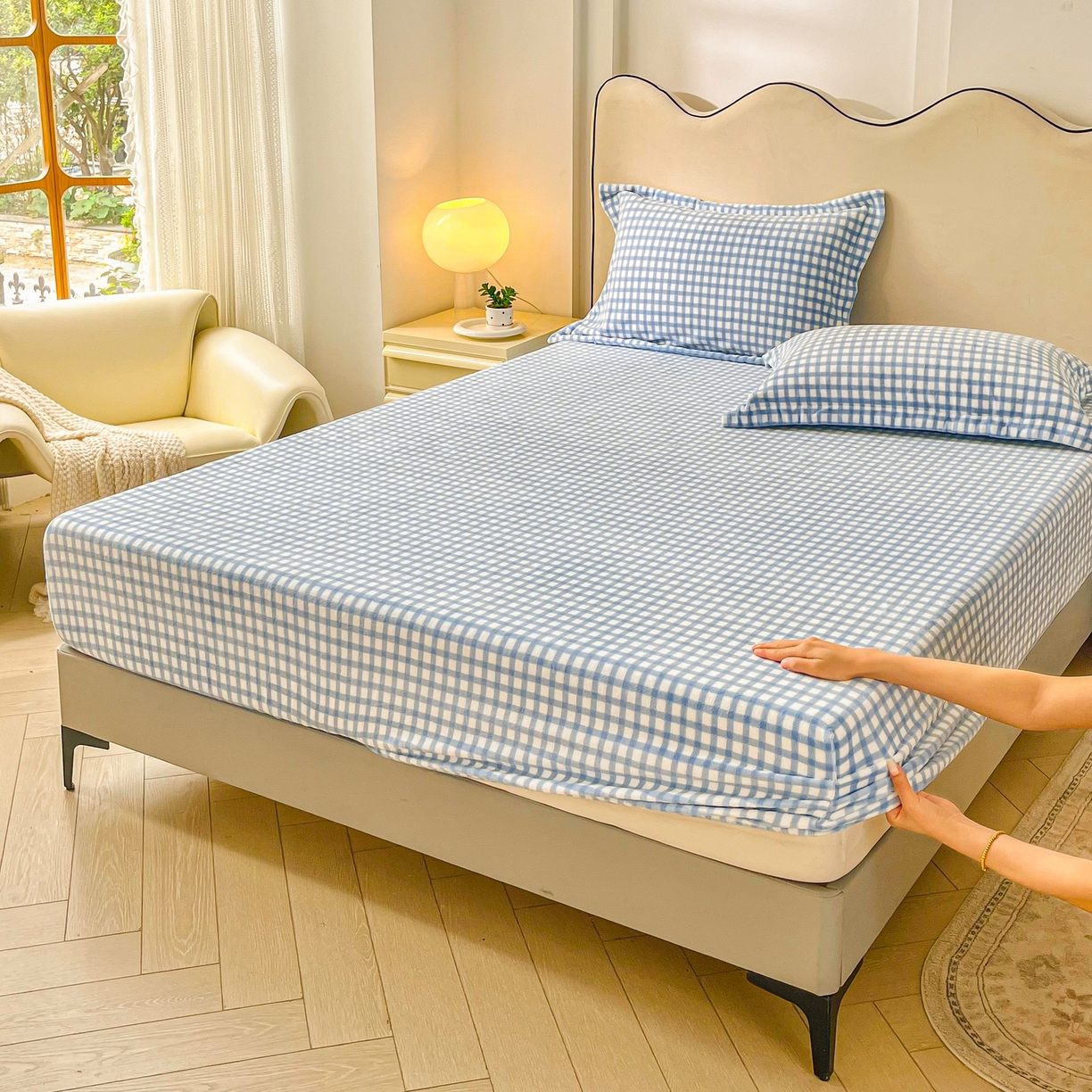 91家纺网 家纺一手货源 找家纺 恬澳家纺 2025新款200g高克重牛奶绒床笠单品床笠单件单床笠 暖阳-天蓝格