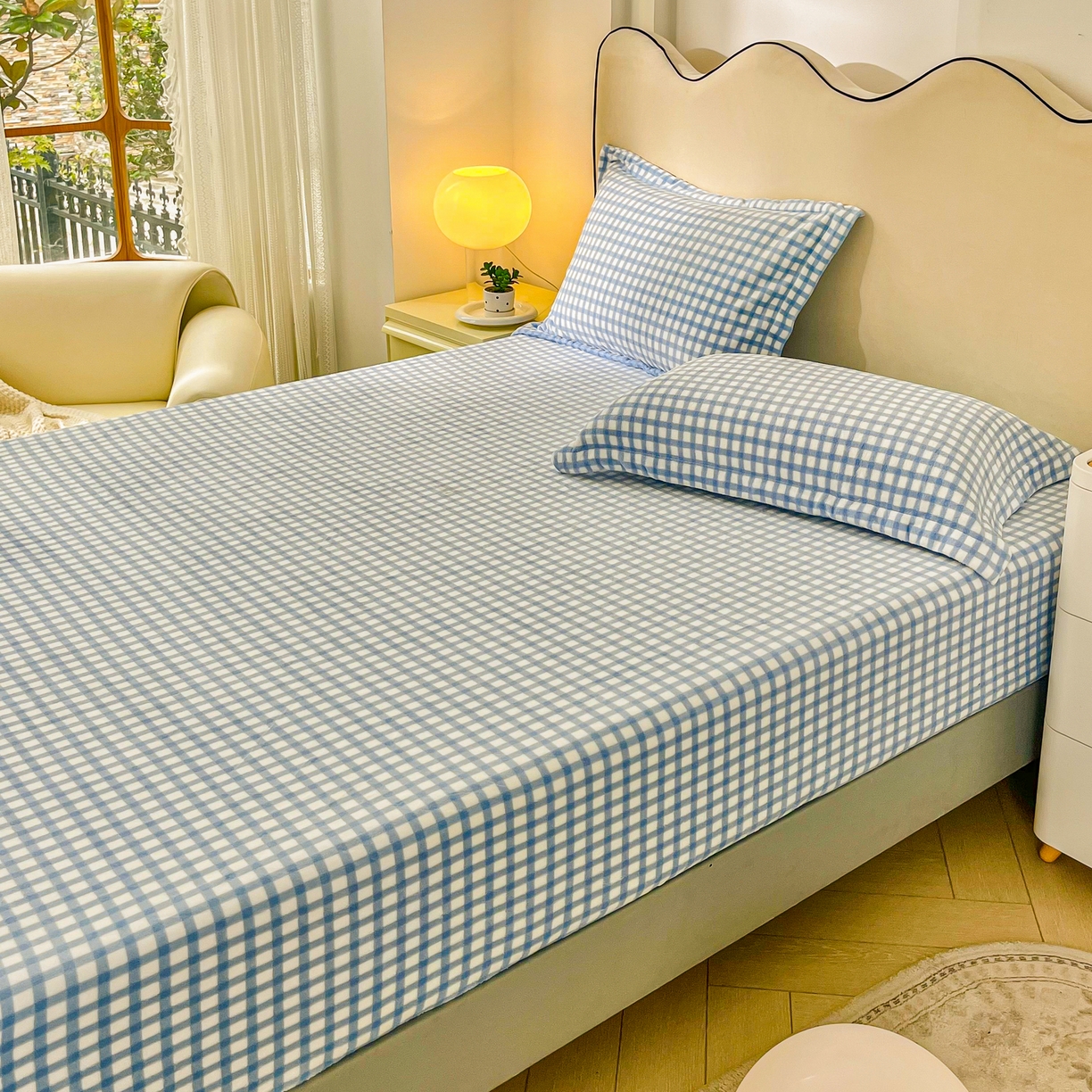 91家纺网 家纺一手货源 找家纺 恬澳家纺 2025新款200g高克重牛奶绒床笠单品床笠单件单床笠 暖阳-天蓝格