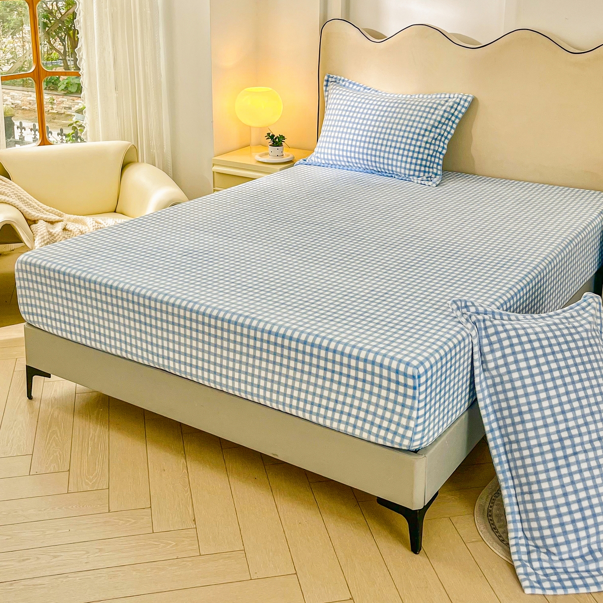 91家纺网 家纺一手货源 找家纺 恬澳家纺 2025新款200g高克重牛奶绒床笠单品床笠单件单床笠 暖阳-天蓝格