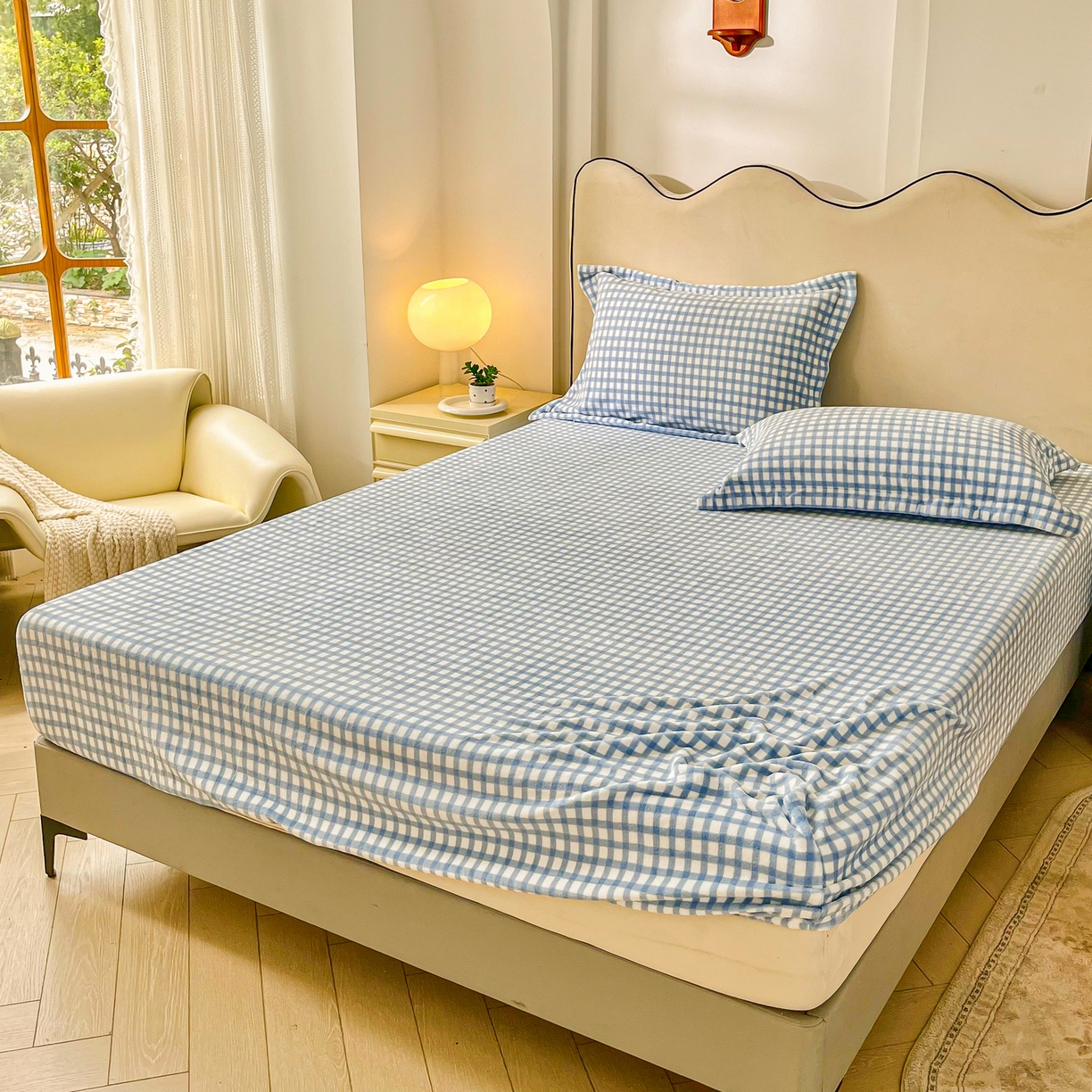 91家纺网 家纺一手货源 找家纺 恬澳家纺 2025新款200g高克重牛奶绒床笠单品床笠单件单床笠 暖阳-天蓝格