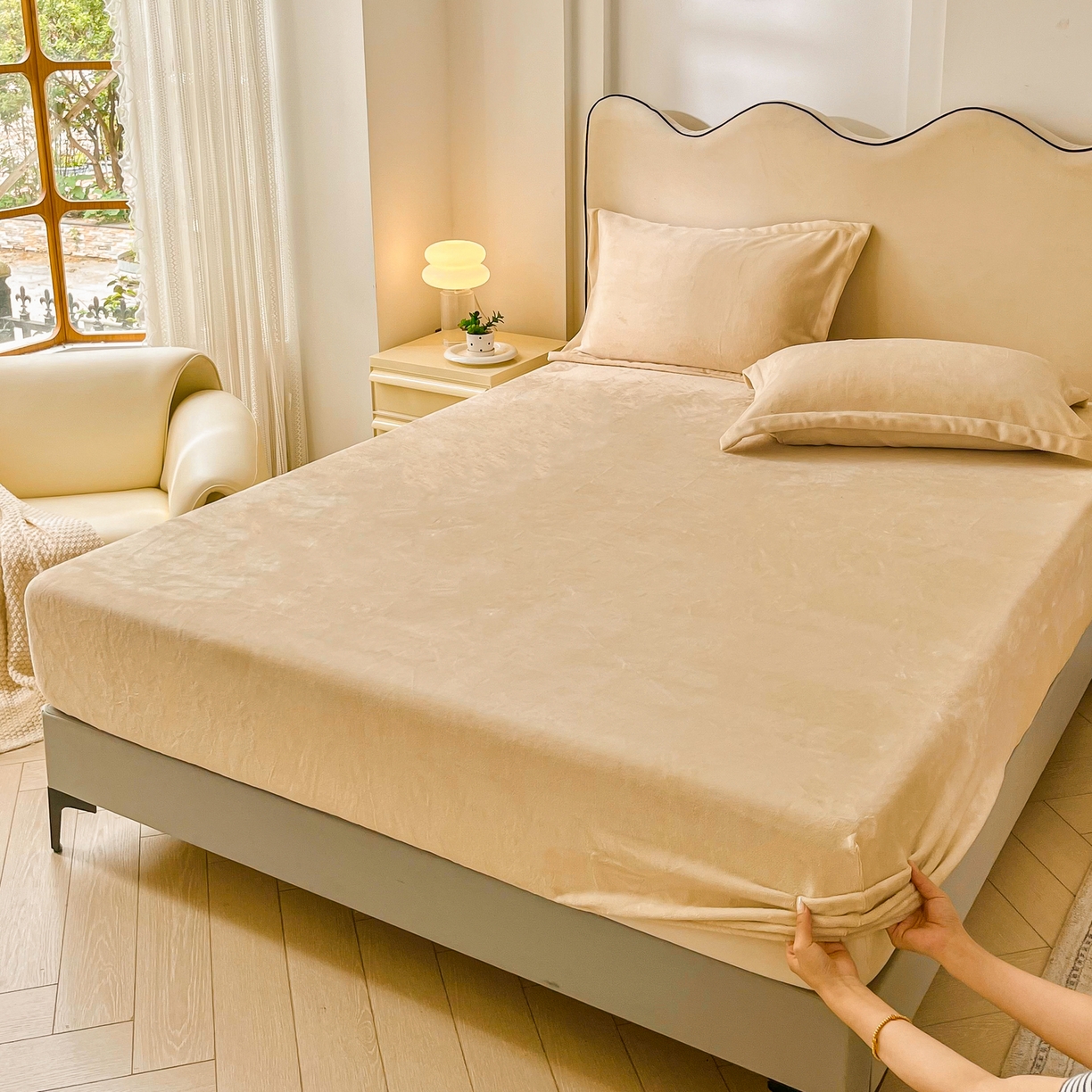 91家纺网 家纺一手货源 找家纺 恬澳家纺 2025新款200g高克重牛奶绒床笠单品床笠单件单床笠 暖阳-香槟