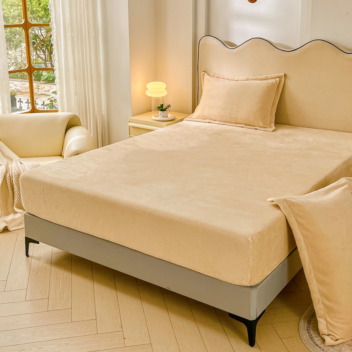 91家纺网 家纺一手货源 找家纺 恬澳家纺 2025新款200g高克重牛奶绒床笠单品床笠单件单床笠 暖阳-香槟