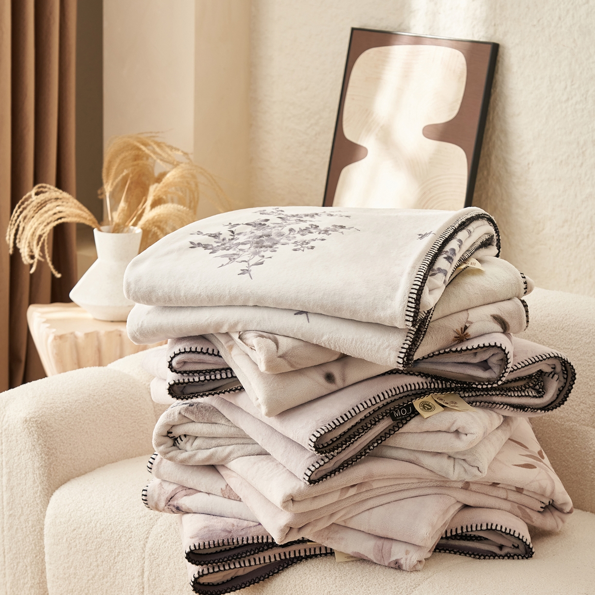 寐绸家纺 2025新款棉麻风数码印花牛奶绒毛毯 组合图