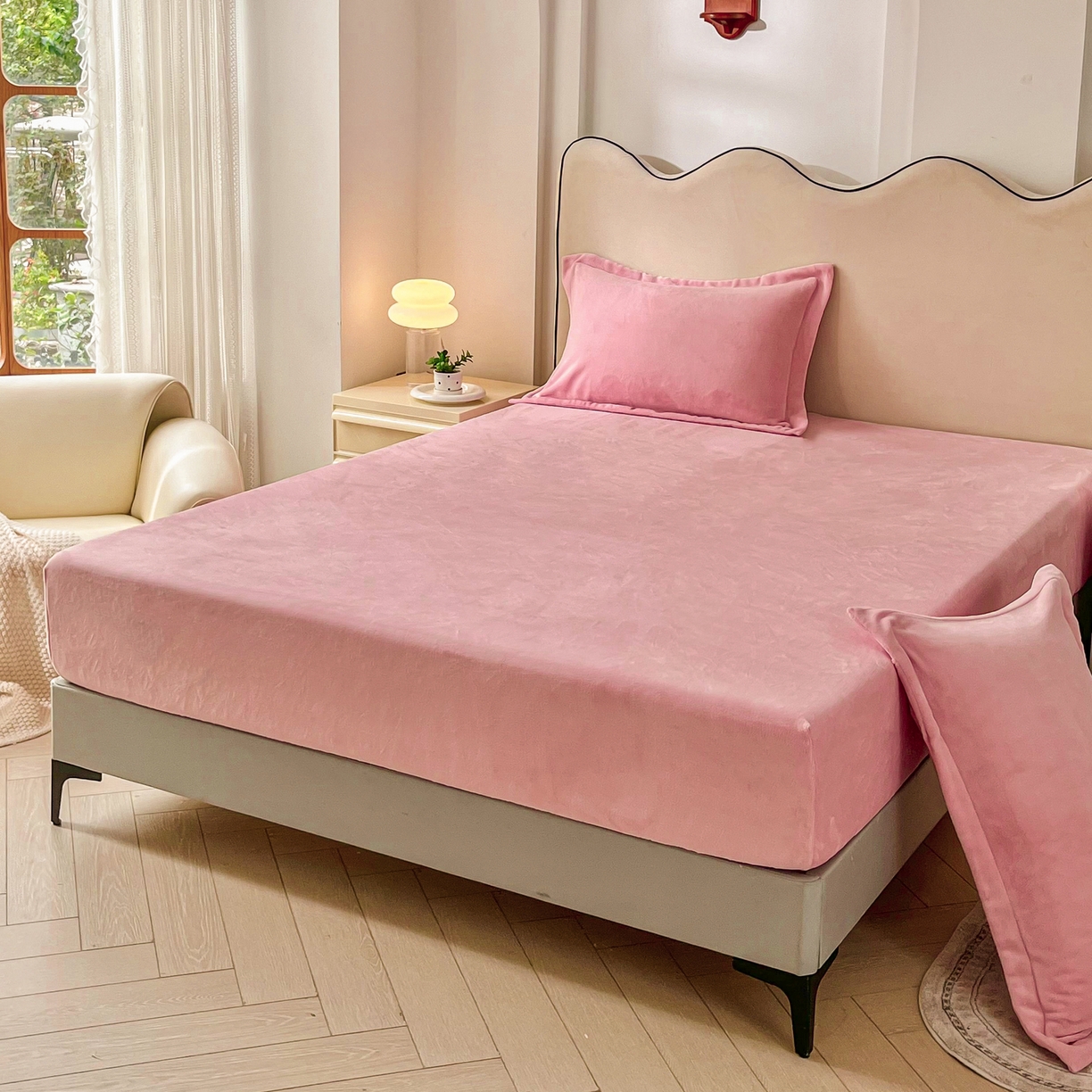 91家纺网 家纺一手货源 找家纺 恬澳家纺 2025新款200g高克重牛奶绒床笠单品床笠单件单床笠 暖阳-樱花粉