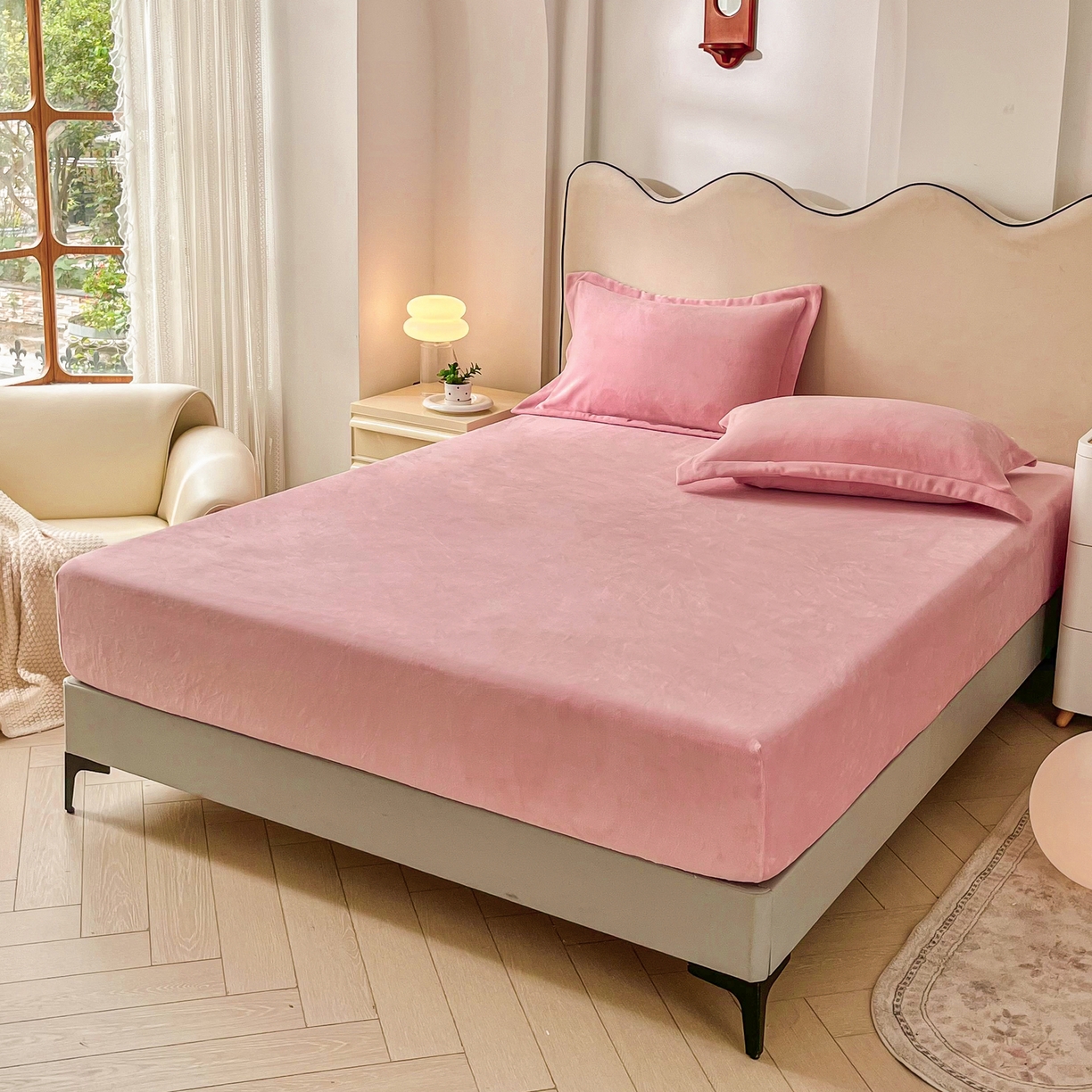 91家纺网 家纺一手货源 找家纺 恬澳家纺 2025新款200g高克重牛奶绒床笠单品床笠单件单床笠 暖阳-樱花粉