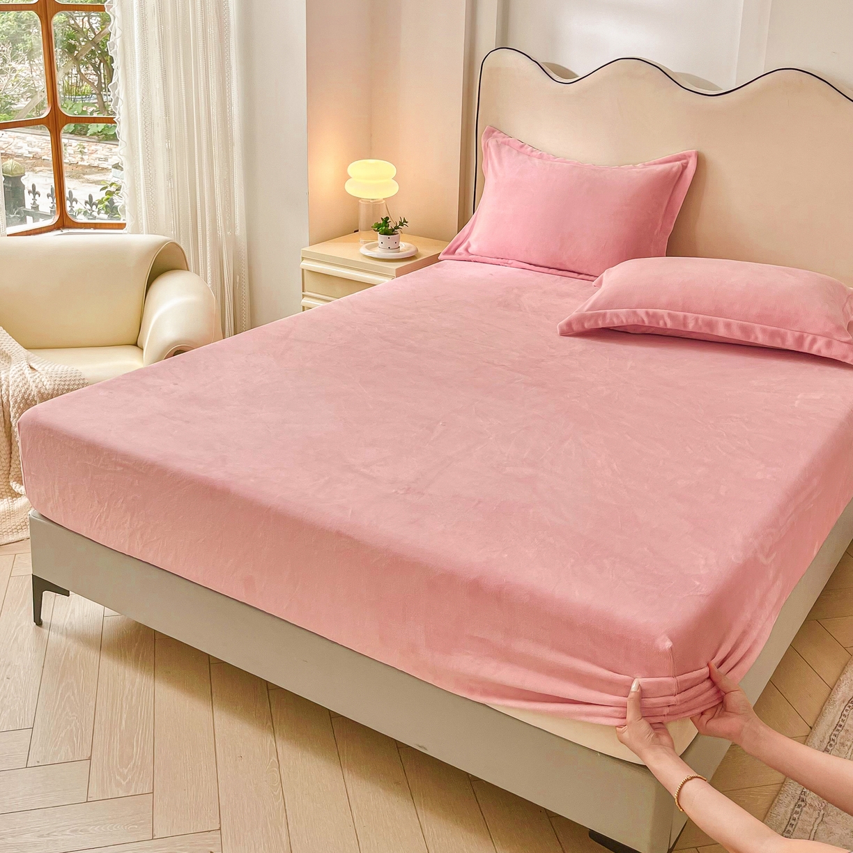 91家纺网 家纺一手货源 找家纺 恬澳家纺 2025新款200g高克重牛奶绒床笠单品床笠单件单床笠 暖阳-樱花粉