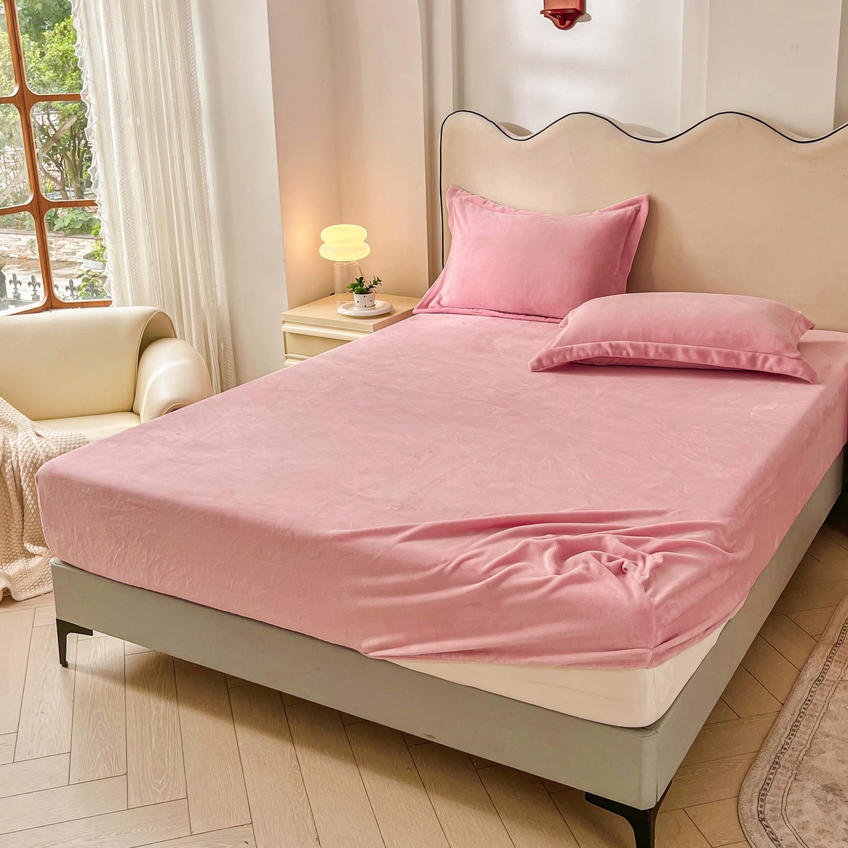 91家纺网 家纺一手货源 找家纺 恬澳家纺 2025新款200g高克重牛奶绒床笠单品床笠单件单床笠 暖阳-樱花粉