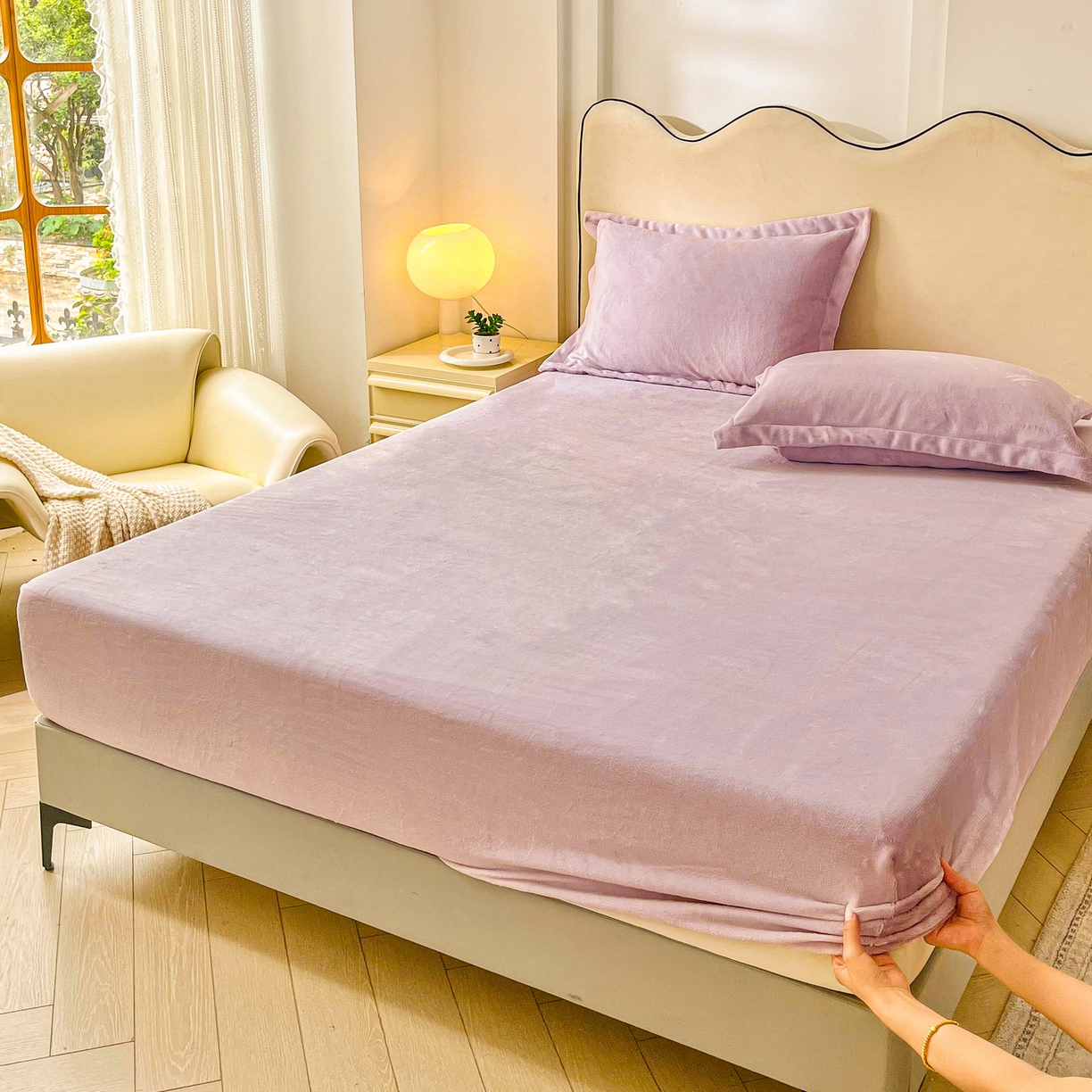 91家纺网 家纺一手货源 找家纺 恬澳家纺 2025新款200g高克重牛奶绒床笠单品床笠单件单床笠 暖阳-芋泥紫