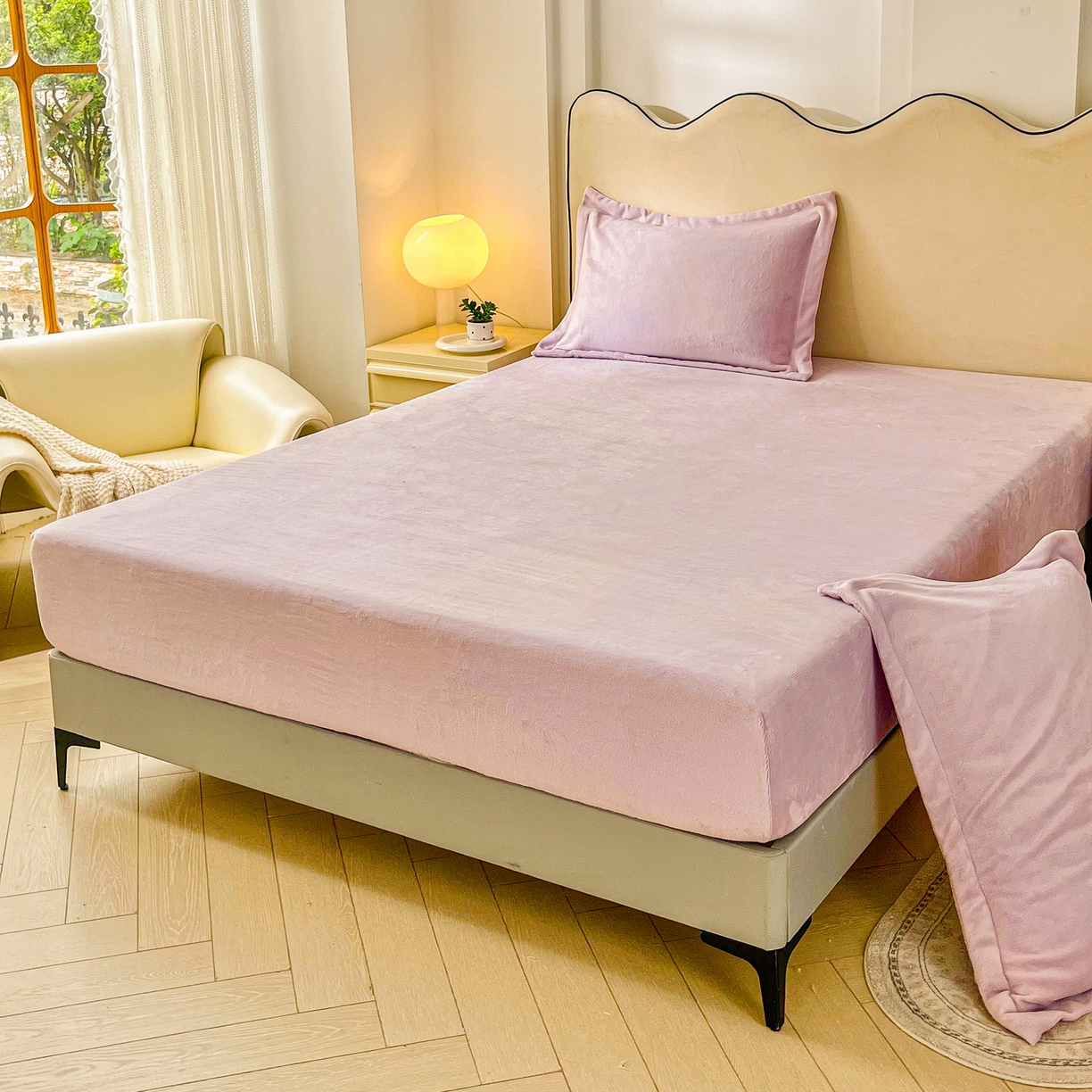 91家纺网 家纺一手货源 找家纺 恬澳家纺 2025新款200g高克重牛奶绒床笠单品床笠单件单床笠 暖阳-芋泥紫